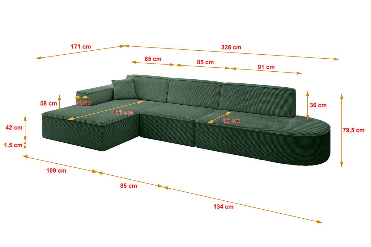 ECKSOFA Ottomane Links IREA-L2-v4 - 327x165x77 cm Grün - Currygelb, Holzwerkstoff/Textil (327/165cm) - ALTDECOR