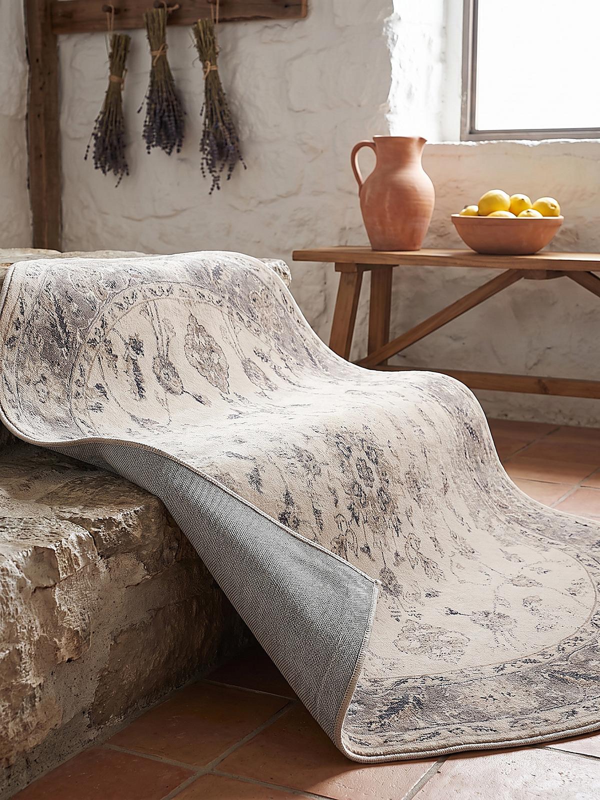 TEPPICH Kurzflor, waschbar, mit floralen Ornamenten, aus Polyester, VERNANTE in Beige-Grau, Ø 120 cm - Beige, Textil (120/120cm) - KADIMA DESIGN