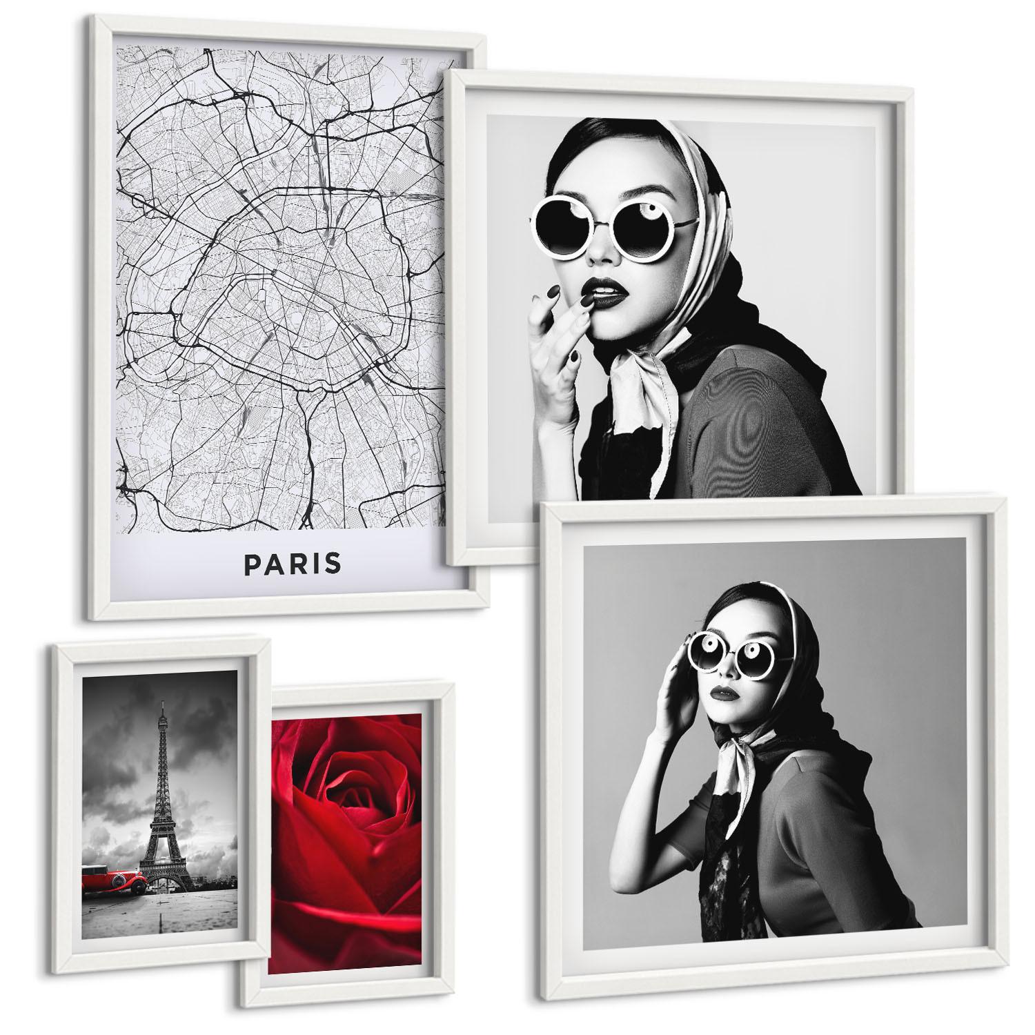 BILDER SET 5er Set - 50x50 cm & 20x30 cm & 40x60 cm Weißer Rahmen - Pariserin mit Eiffelturmbrille - Weiß, Kunststoff (40/60cm) - TULUP