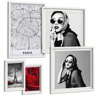 BILDER SET 5er Set - 50x50 cm & 20x30 cm & 40x60 cm Weißer Rahmen - Pariserin mit Eiffelturmbrille - Weiß, Kunststoff (40/60cm) - TULUP