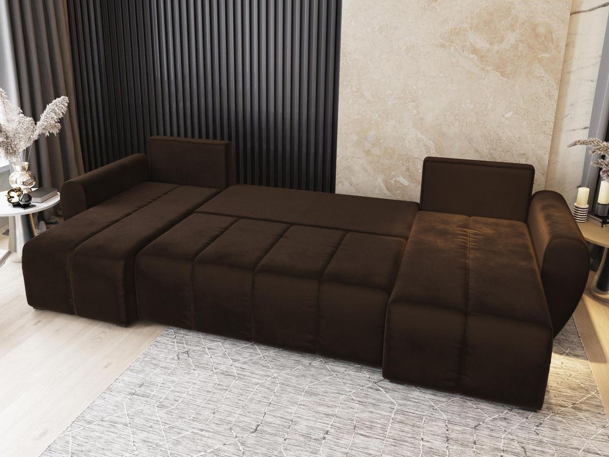 WOHNLANDSCHAFT MADISON U Braun Plüsch-Stoff mit Schlaffunktion - Schwarz/Braun, Holz/Kunststoff (311/82/145cm) - MASSENO