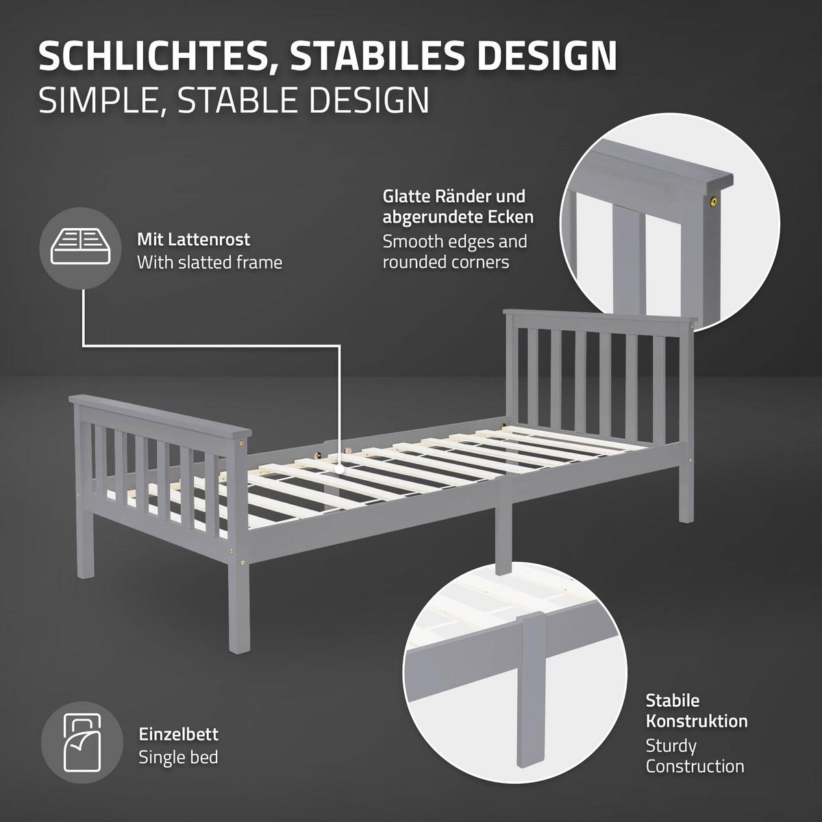HOLZBETT 90x200 cm Hellgrau Kiefernholz mit Lattenrost und Matratze H10cm - Hellgrau, Holz (90/200cm) - ML-DESIGN