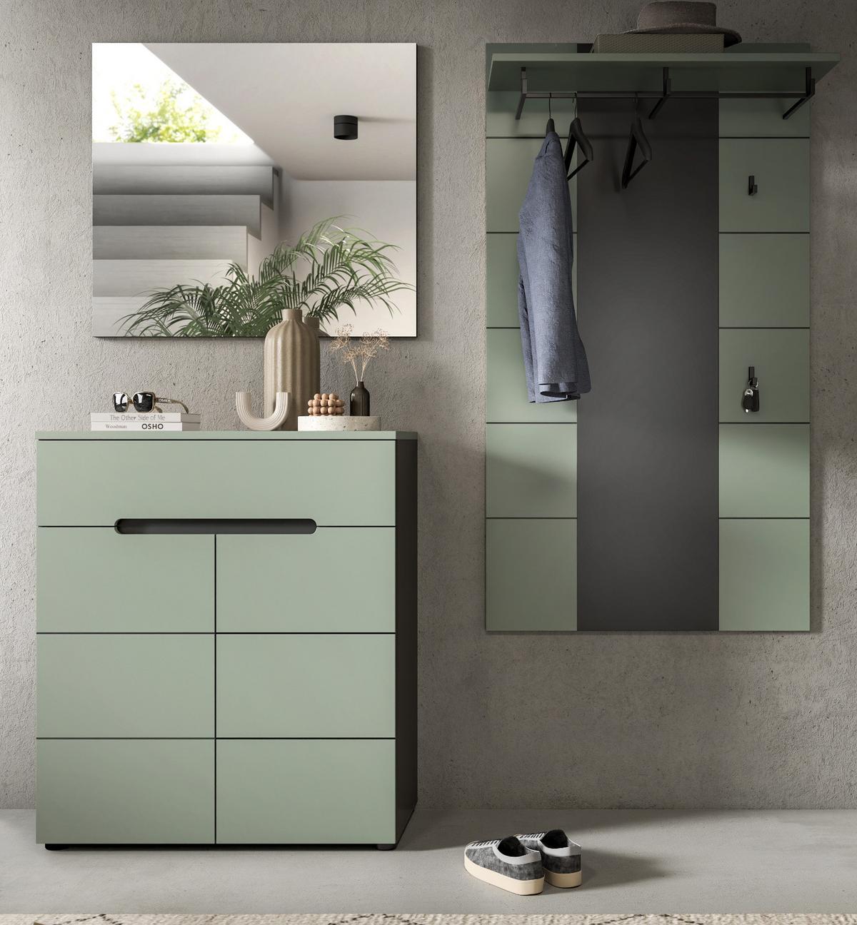 GARDEROBEN-SET 3-teilig Salbei grün, grau 175 cm, Flurgarderobe mit Soft-Close - Salbeigrün/Schwarz, Holzwerkstoff/Kunststoff (175/190/37cm) - Inn.Furn