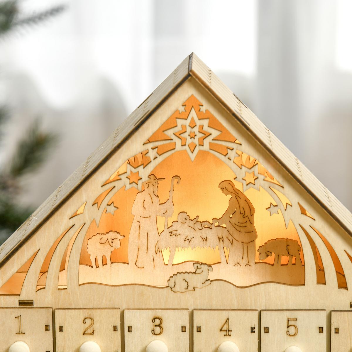 ADVENTSKALENDER Weihnachtskalender 24 Schubladen mit LED-Lichtern MDF Naturholz - Naturfarben, Holz (6/30/26.6cm) - HOMCOM