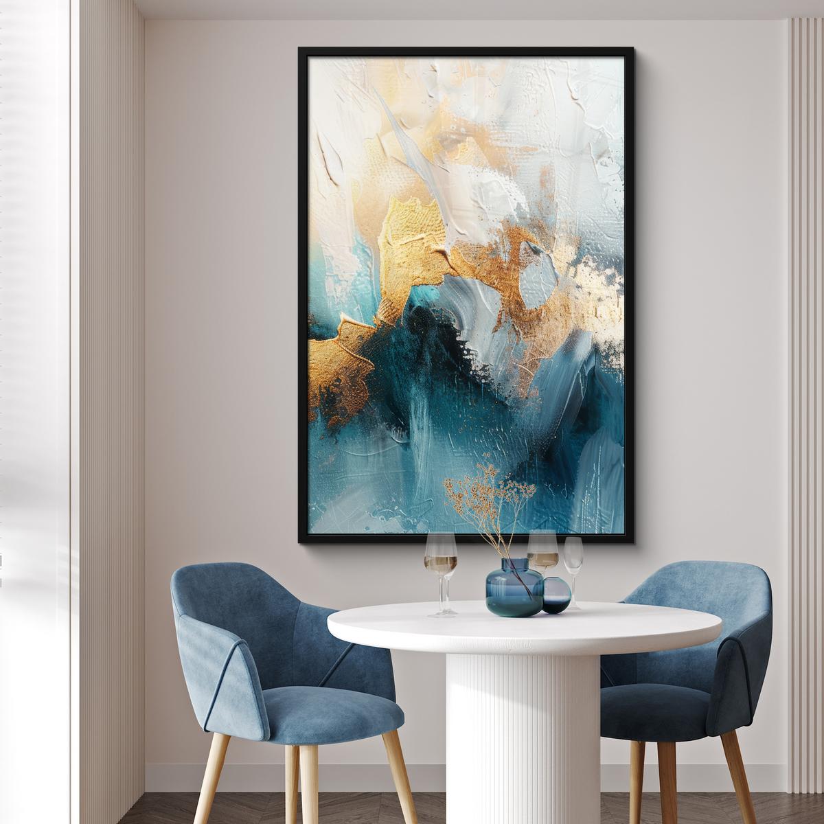 POSTER MIT RAHMEN Abstrakt - Kunst - Gold - Blau Bilderleiste 80x120 cm - Petrol, Papier (80/120cm) - MuchoWow