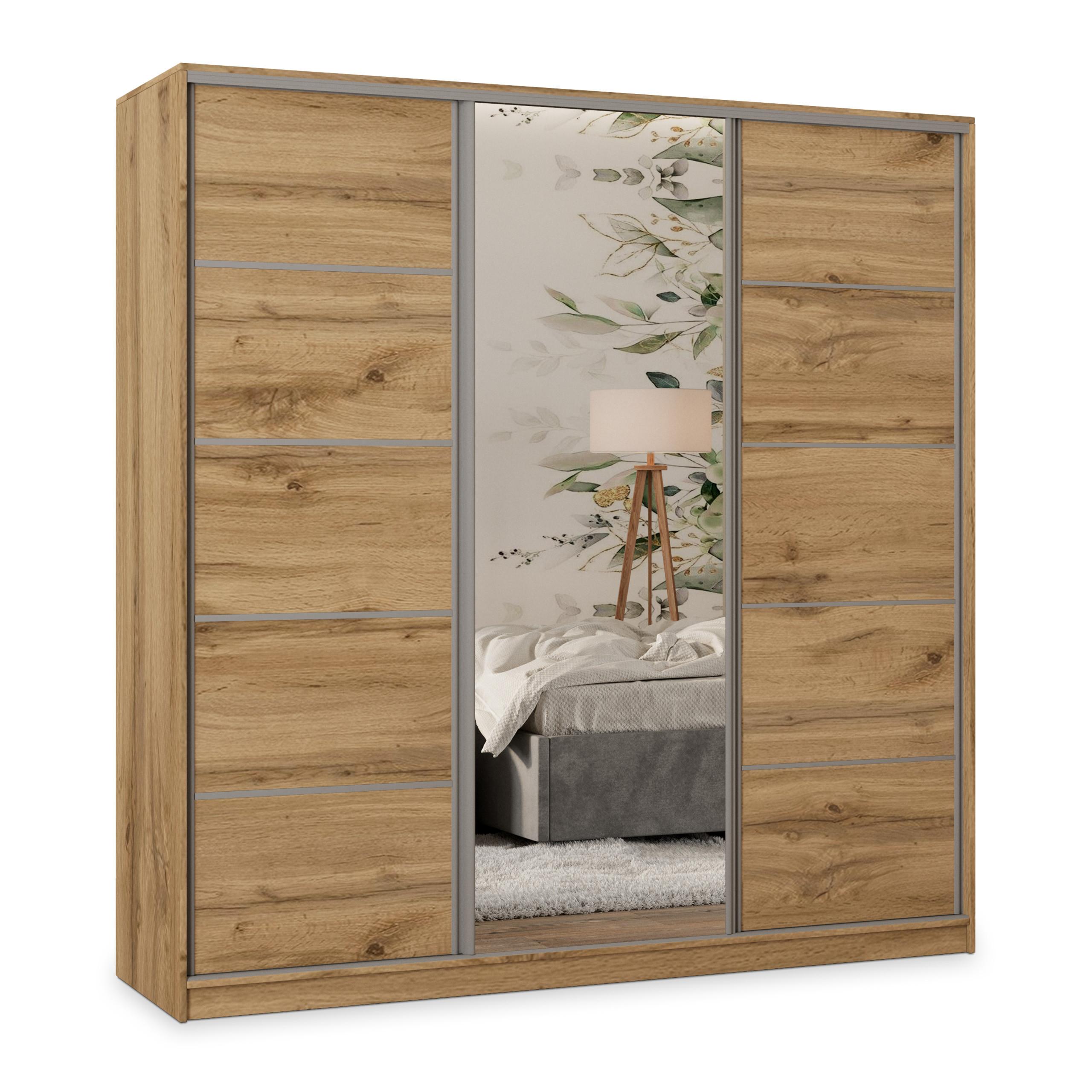 SCHWEBETÜRENSCHRANK PINA 200/205/58 cm 3-türig mit Spiegel und 4 Schubladen Eiche Wotan - Eiche Wotan, Holzwerkstoff (200/205/58cm) - MASSENO