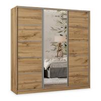 SCHWEBETÜRENSCHRANK PINA 200/205/58 cm 3-türig mit Spiegel und 4 Schubladen Eiche Wotan - Eiche Wotan, Holzwerkstoff (200/205/58cm) - MASSENO