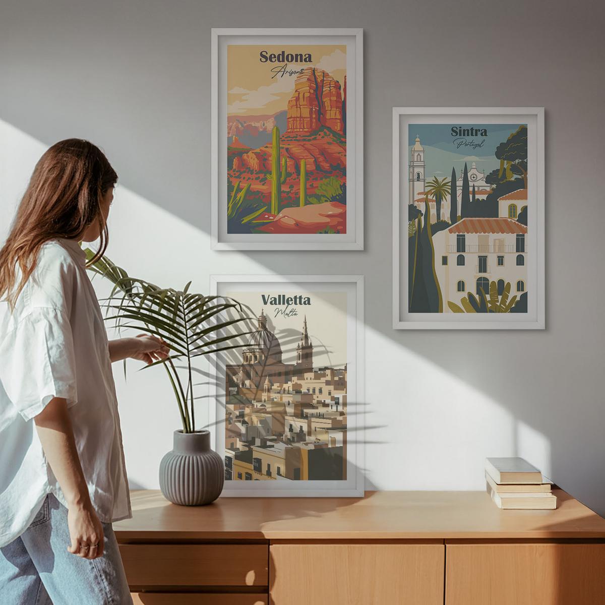 BILDER SET 3er Set - 40x60 cm Weißer Rahmen - Ansichten Sedona Sintra Valletta Retro - Weiß, Kunststoff (40/60cm) - TULUP