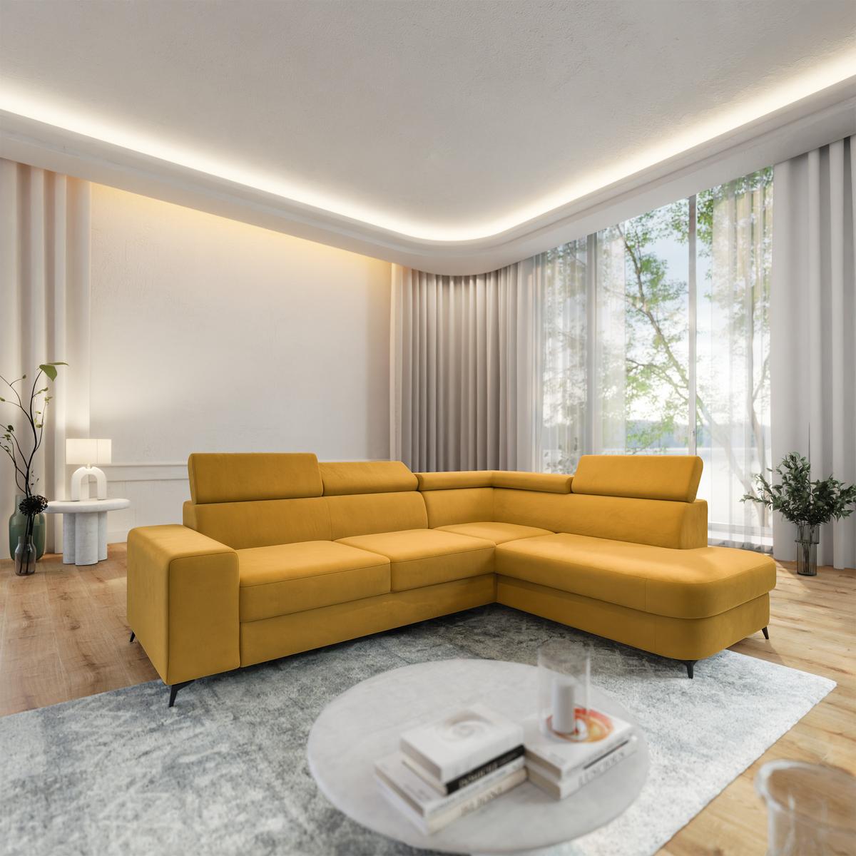 ECKSOFA ALVORO R-S Gelb Velours-Stoff mit Schlaffunktion - Gelb, Holz (253/190cm) - MASSENO