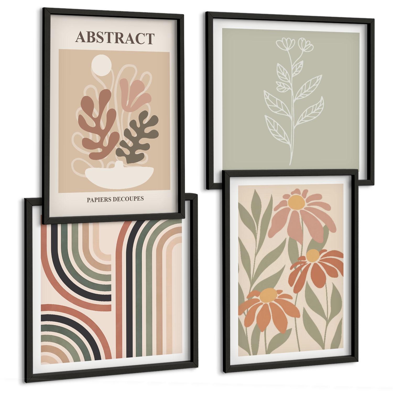BILDER SET 4er Set - 50x50 cm & 40x60 cm Schwarzer Rahmen - Abstrakte Pastellpflanzen - Schwarz, Kunststoff (50/50cm) - TULUP