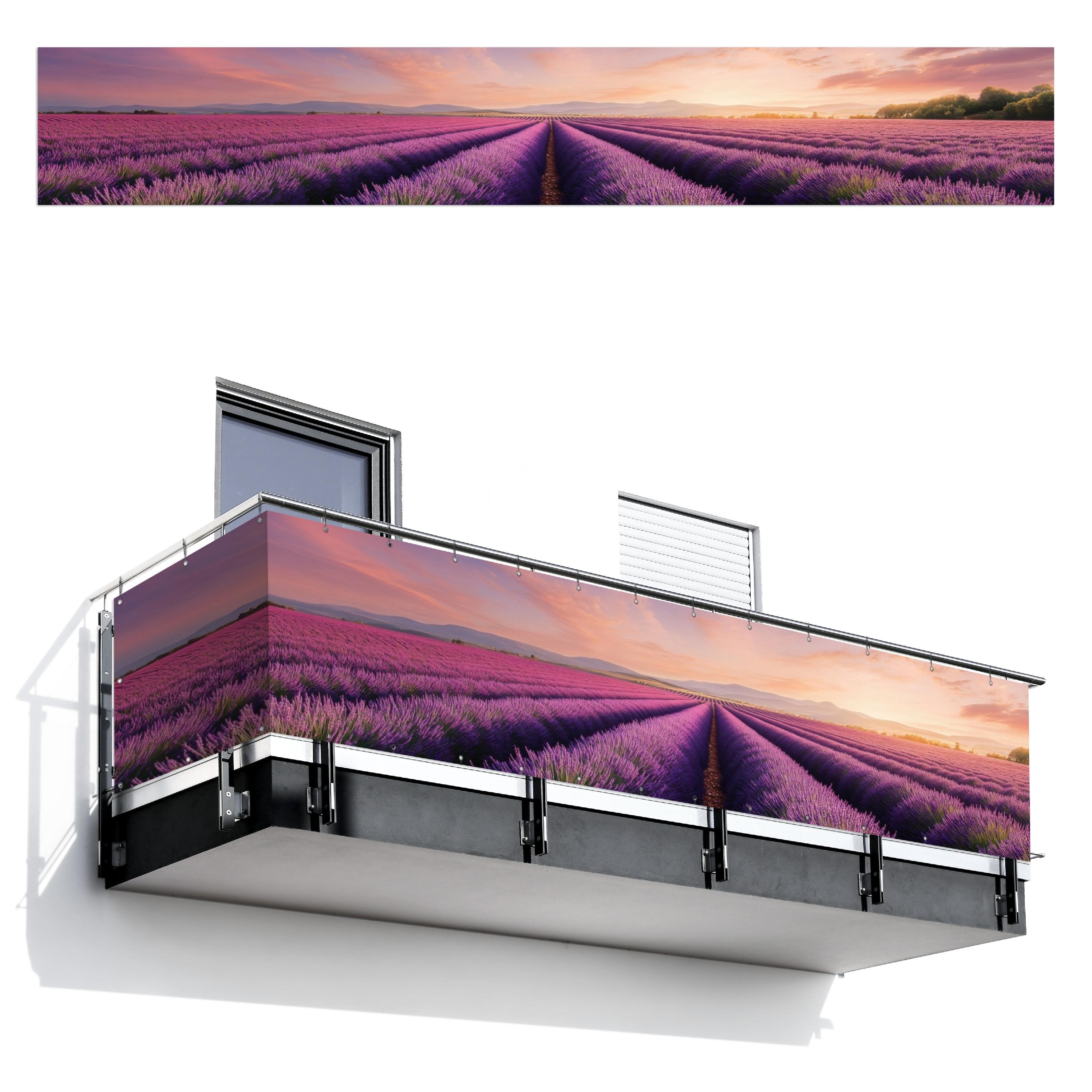 BALKON-SICHTSCHUTZ Lavendelfeld - Sonnenuntergang - Lila - Blumen Groß 500x80 cm - Violett, Kunststoff (500/80cm) - MuchoWow