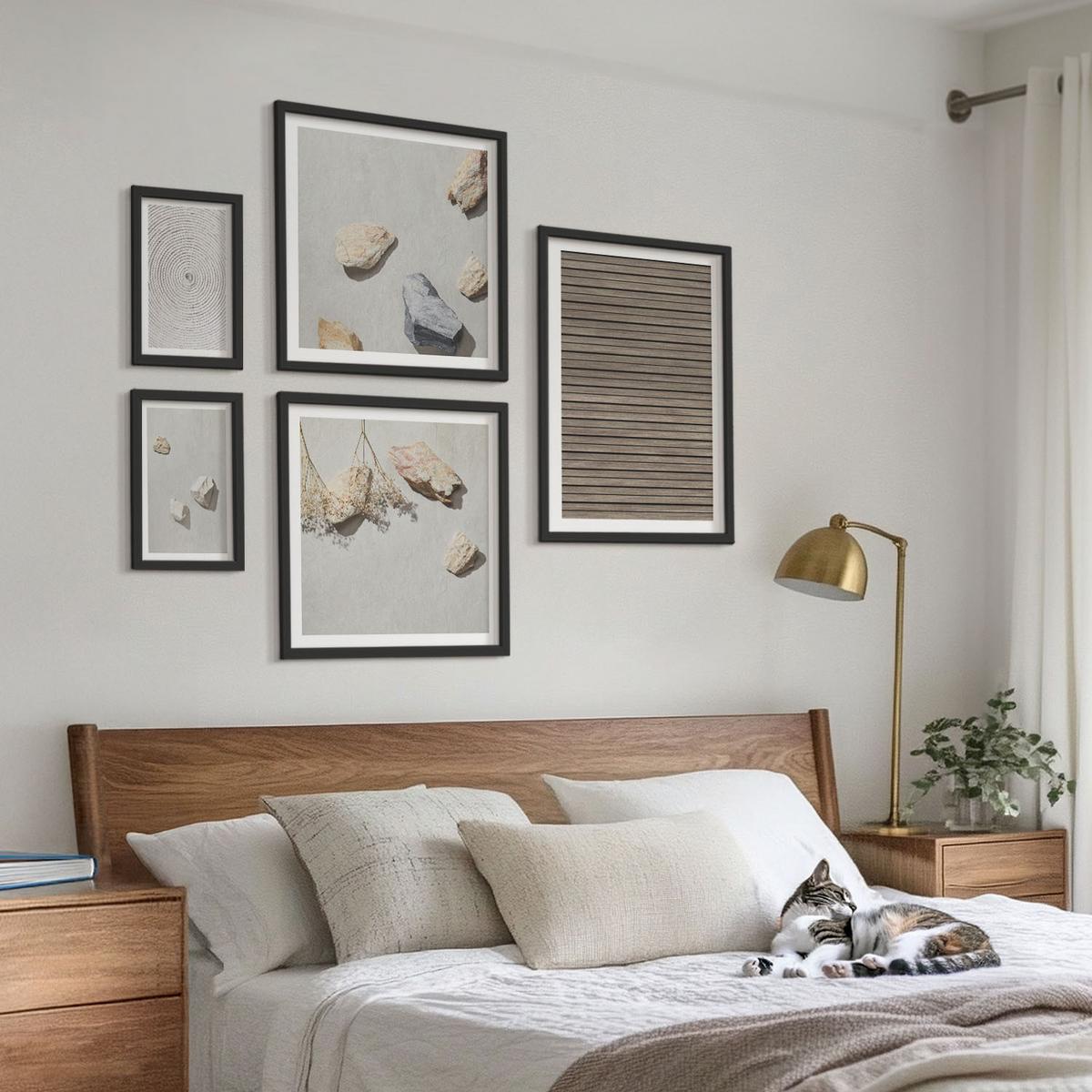 BILDER SET 5er Set - 50x50 cm & 20x30 cm & 40x60 cm Schwarzer Rahmen - Natürliche Texturen Holz Steine - Schwarz, Kunststoff (40/60cm) - TULUP