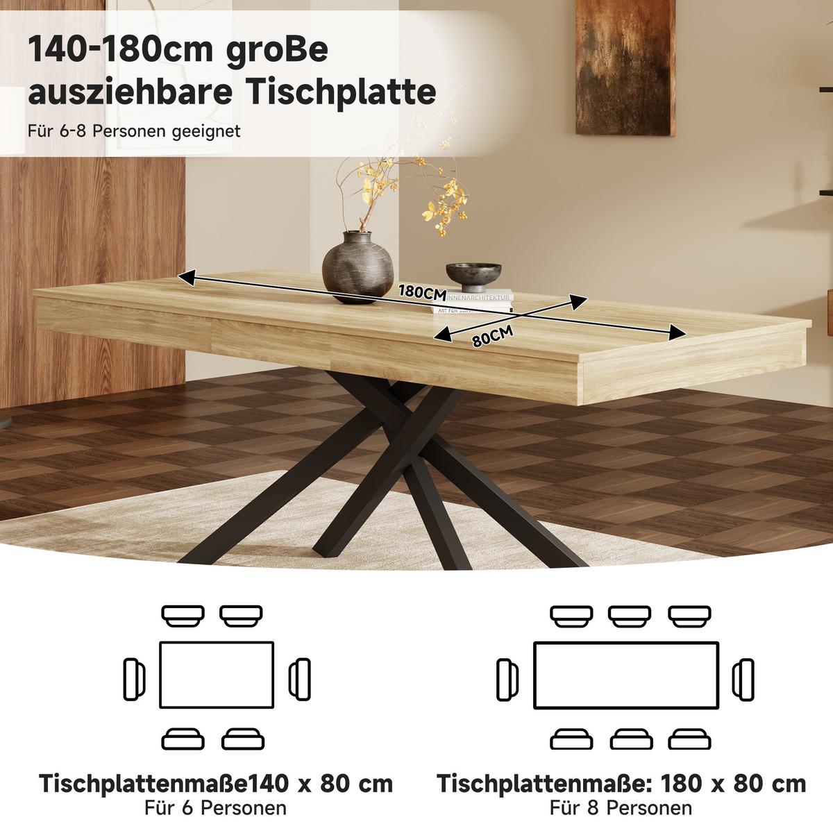 ESSTISCH Ausziehbar 140-180cm Eichenoptik MDF mit Metall Kreuzbeinen - Eichefarben, Holzwerkstoff (80/180/76cm) - Urban Meuble
