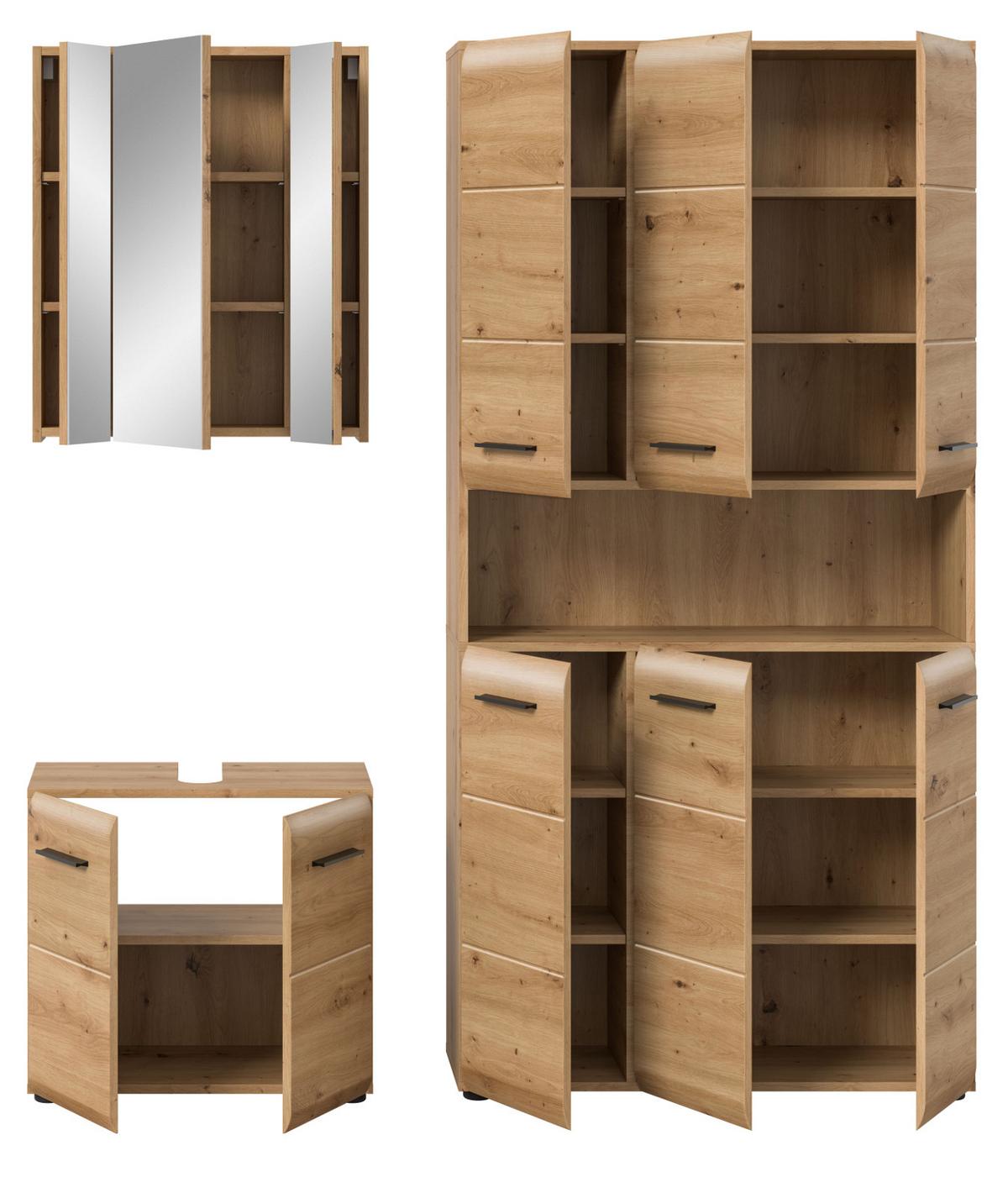 BADMÖBEL-SET in Artisan Eiche, Badezimmer 3-teilig 165 cm mit 6-türigem Hochschrank - Eichefarben/Schwarz, Glas/Holzwerkstoff (165/185/30cm) - Inn.Furn