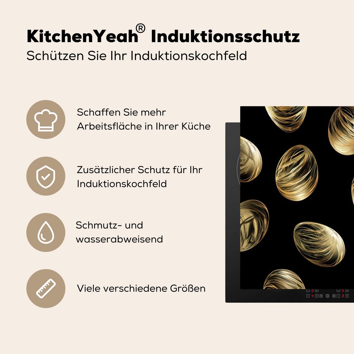 HERDABDECKPLATTE Eier - Gold - Muster Ceranfeldabdeckung 78x52 cm - Schwarz, Kunststoff (78/52/0.2cm) - MuchoWow