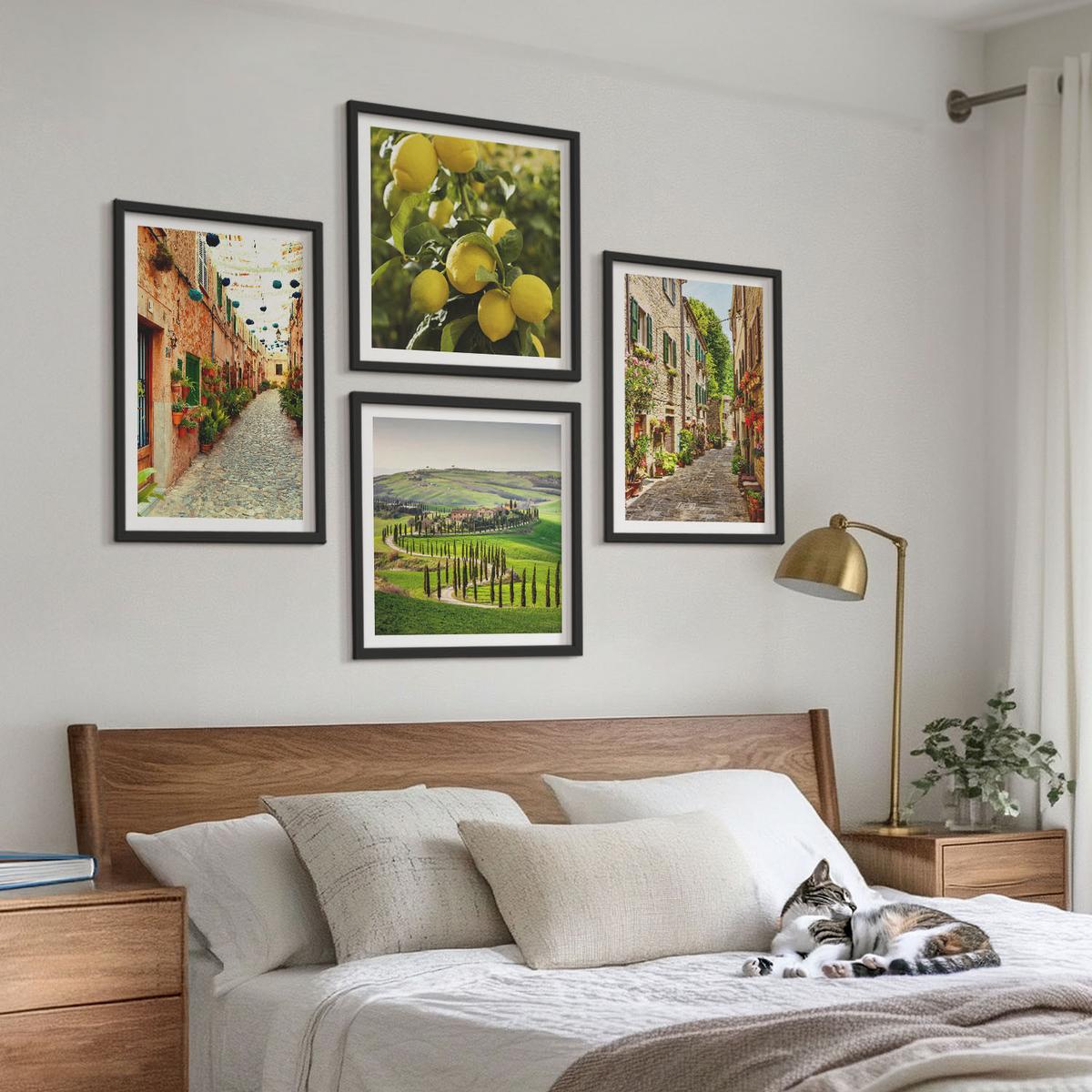 BILDER SET 4er Set - 50x50 cm & 40x60 cm Schwarzer Rahmen - Bezaubernde Straßen voller Zitronenblüten - Schwarz, Kunststoff (50/50cm) - TULUP