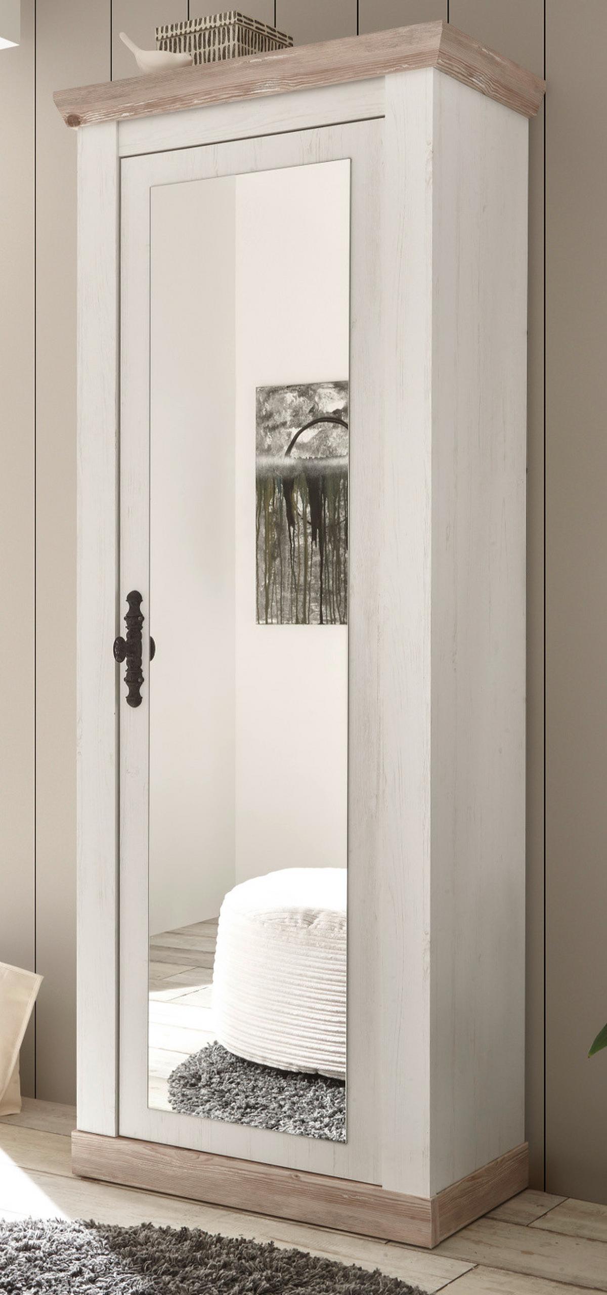 GARDEROBENSCHRANK Pinie weiß, Oslo Pinie Landhaus, Garderobe oder großer Schuhschrank mit Spiegel, 73 x 201 cm - Hellbraun/Anthrazit, Holzwerkstoff/Metall (73/201/38cm) - Furn.Design