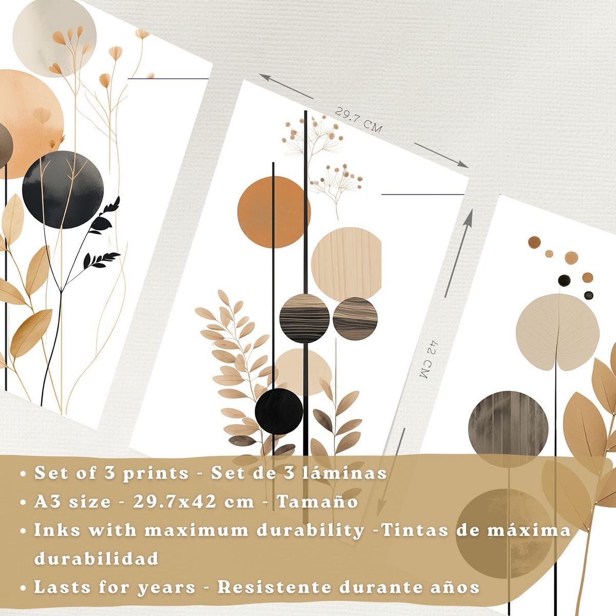 POSTER 3er-Set Wandbilder Geometrische Blumen modern Wohnzimmer Deko, Schlafzimmer, Küche, Badezimmer Leichter Holzrahmen A3 - Beige, Papier (29.7/1/42cm) - Nacnic