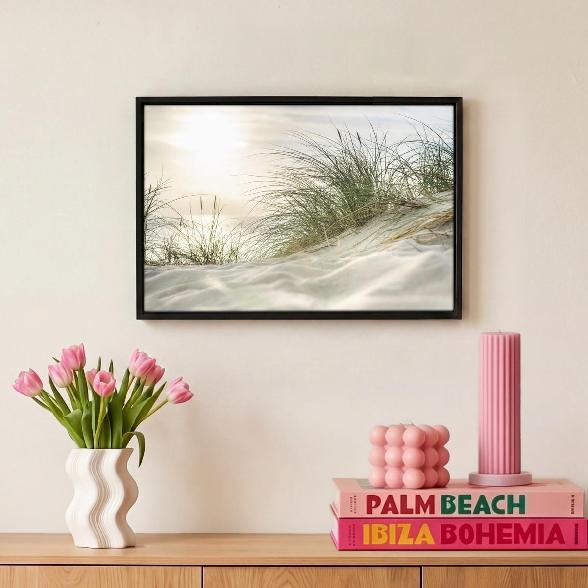 LEINWAND Bilder mit Rahmen - Dünen mit Strandhafer in der Sonne des Nationalparks Schleswig-Holsteinisches Wattenmeer - 30x20 - Creme, Textil (30/20cm) - MuchoWow
