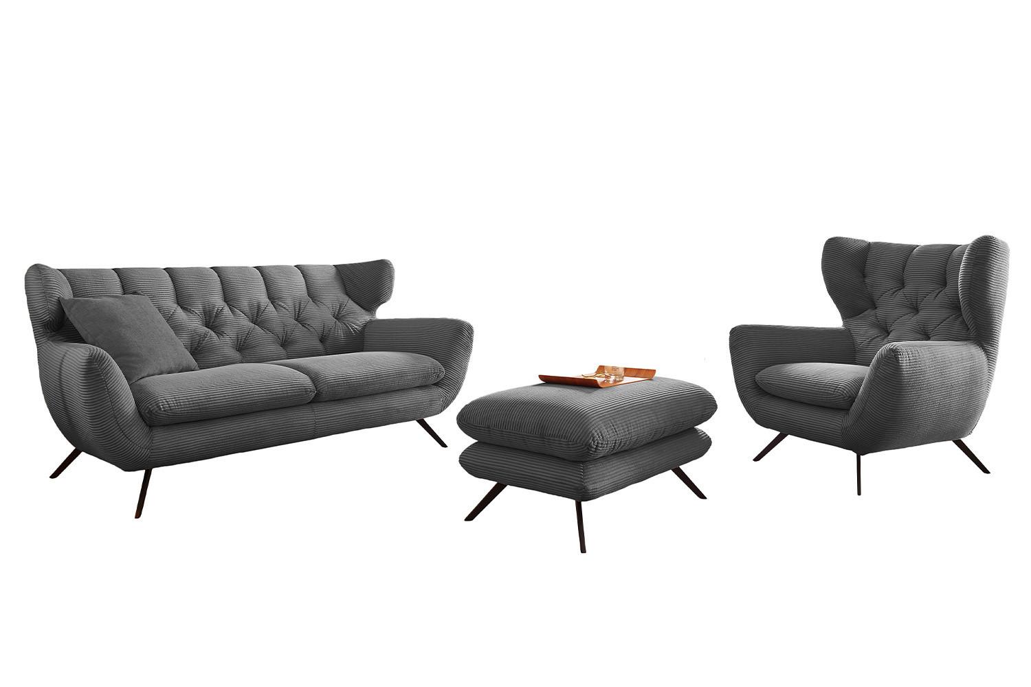 SITZGRUPPE CHARME Grau Cord - Grau, Textil (200/94/95cm) - KAWOLA