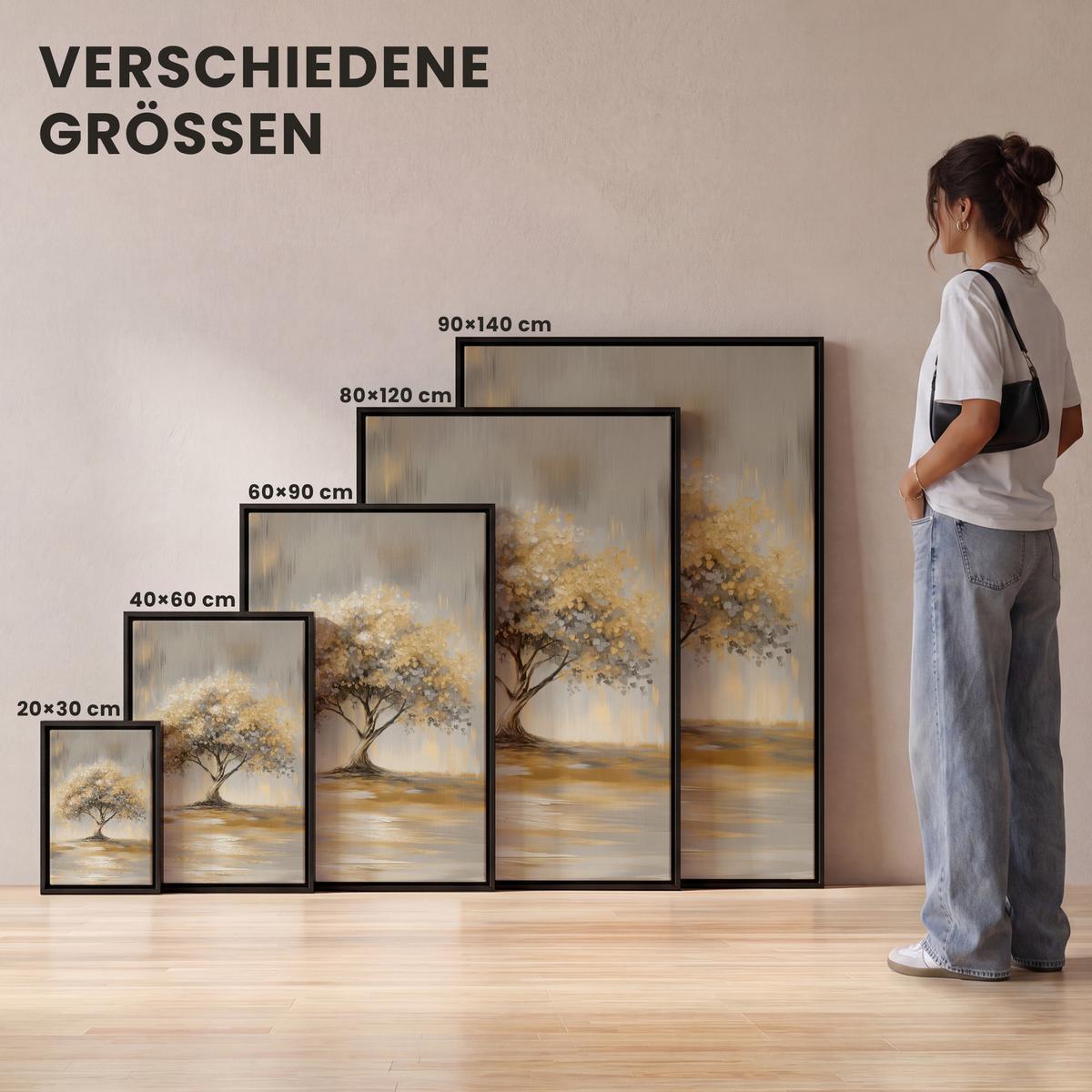 LEINWAND Bilder mit Rahmen - Gemälde - Baum - Abstrakt - Blätter - 100x150 - Beige, Textil (100/150cm) - MuchoWow