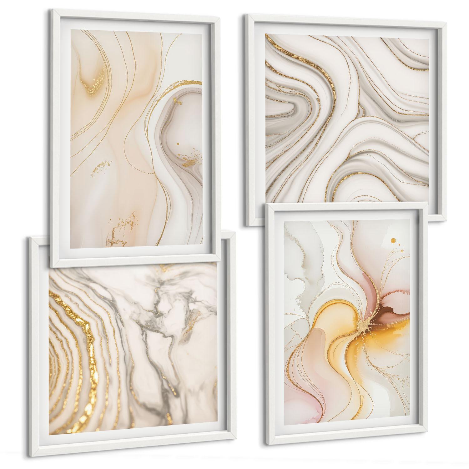 BILDER SET 4er Set - 50x50 cm & 40x60 cm Weißer Rahmen - Abstrakte warme Muster - Weiß, Kunststoff (50/50cm) - TULUP