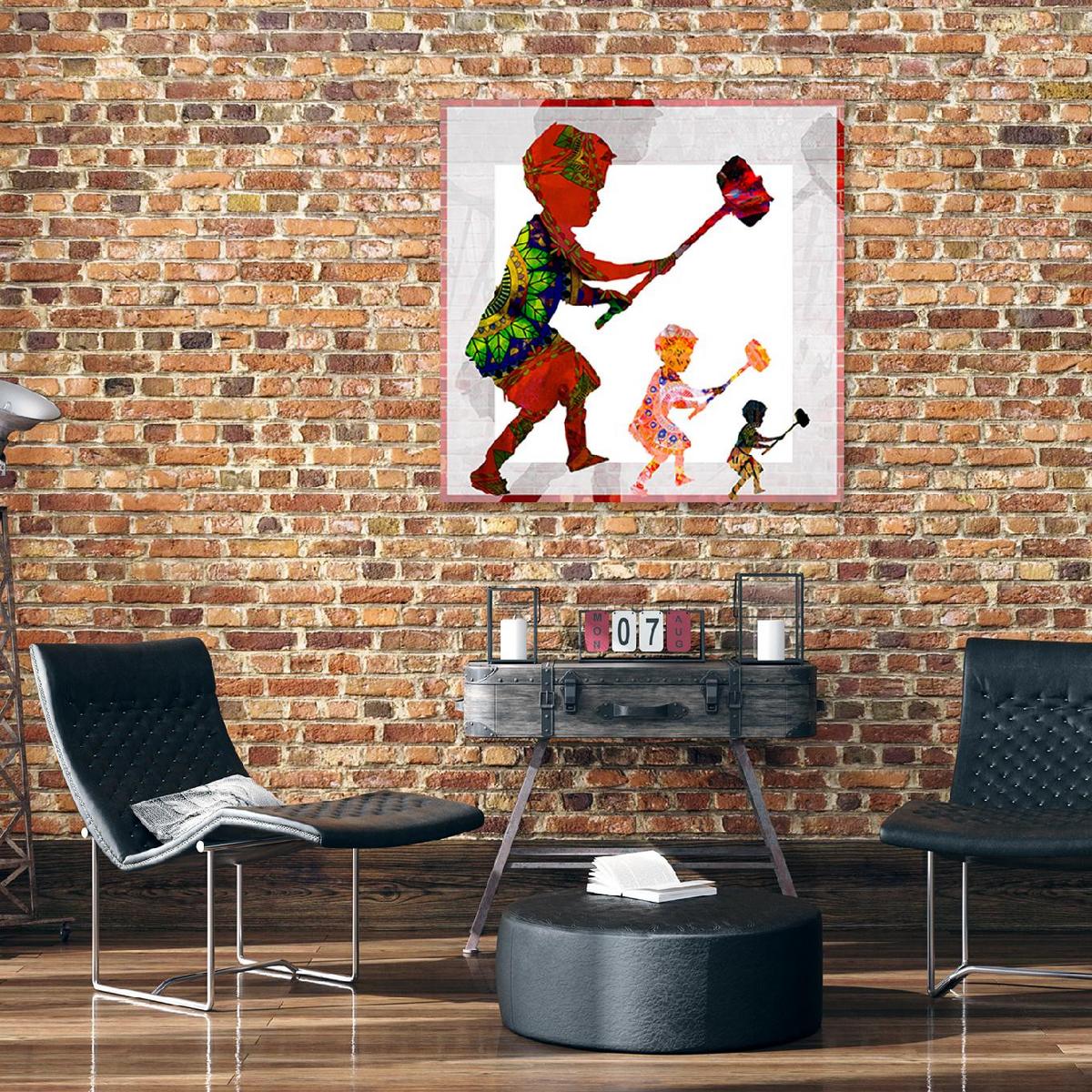 WANDBILD banksy boy mit einem hammer - Orange, Textil (30/30cm) - Feeby