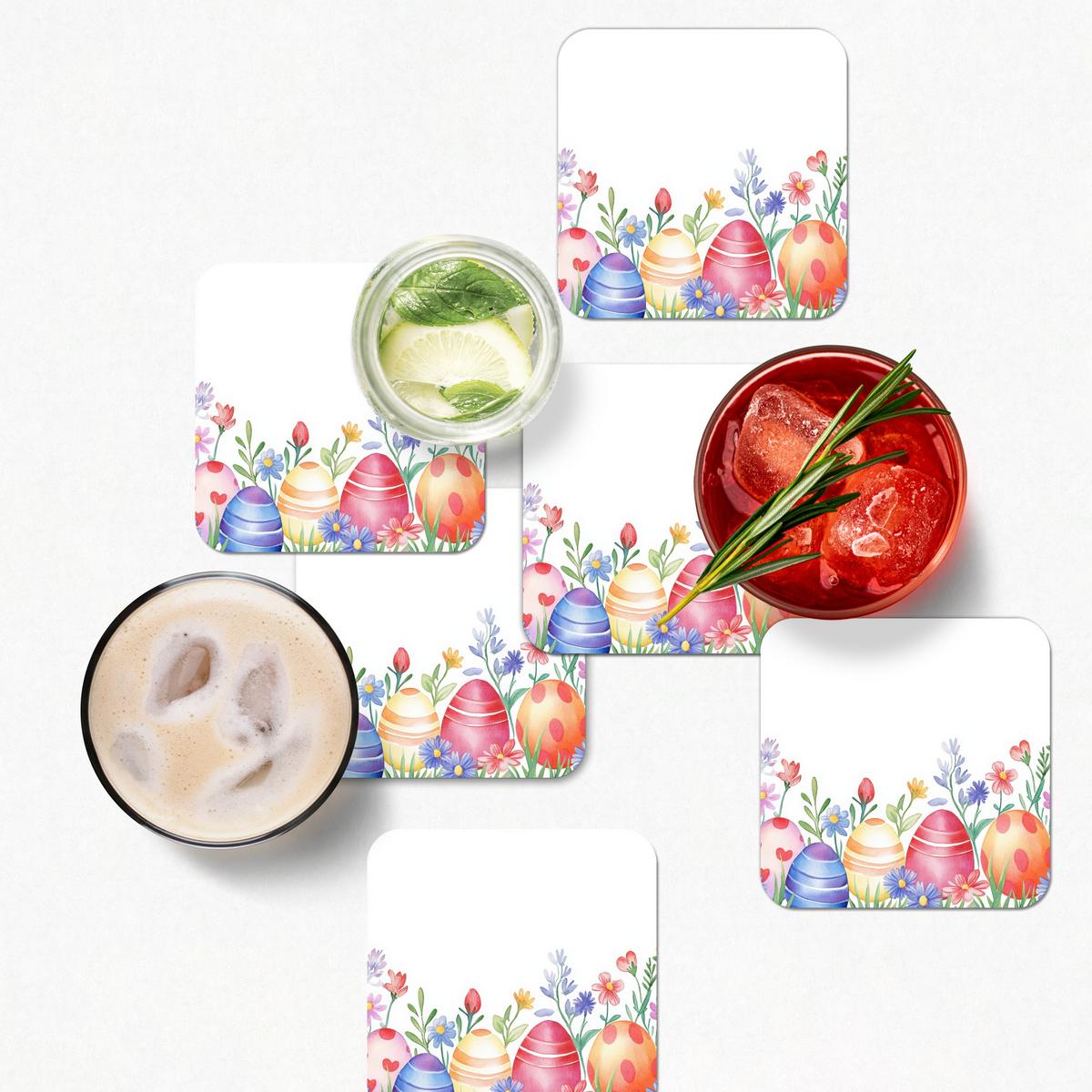 GLASUNTERSETZER 6er-Set Blumengarten - Bunt - Eier Tischset für Gläser 10x10 cm - Weiß, Naturmaterialien (10/0.2cm) - MuchoWow