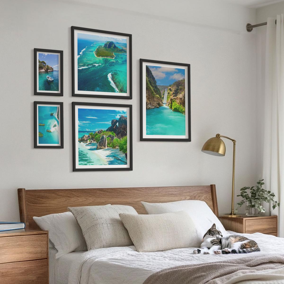 BILDER SET 5er Set - 50x50 cm & 20x30 cm & 40x60 cm Schwarzer Rahmen - Seeboote Hirsche Berge - Schwarz, Kunststoff (40/60cm) - TULUP