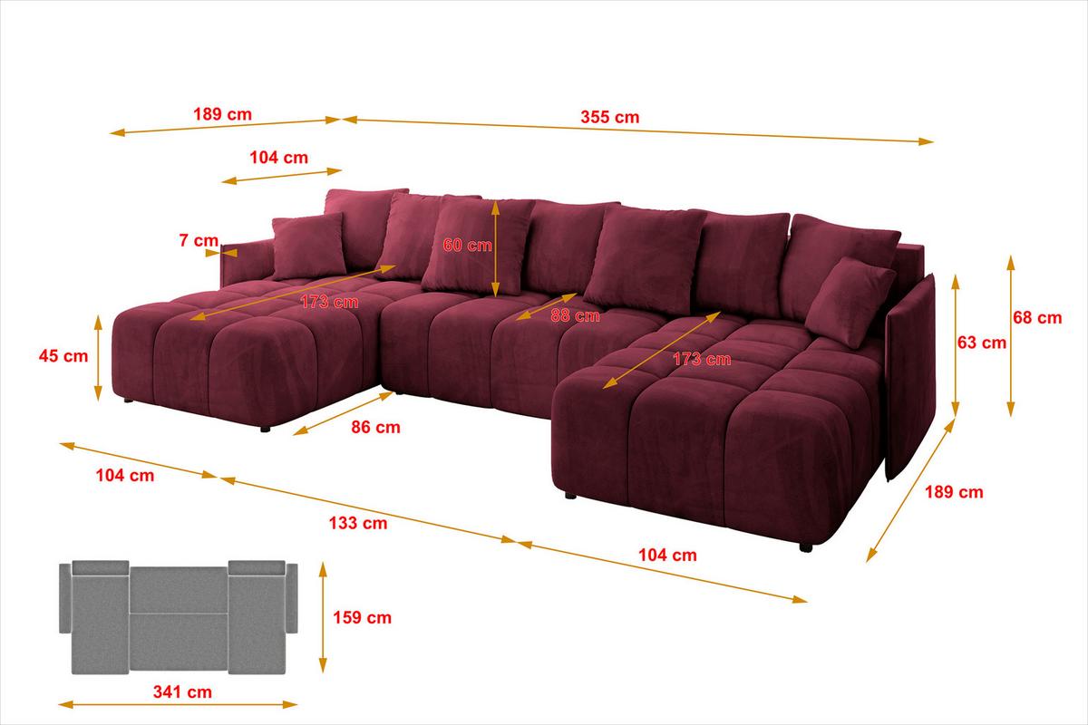 WOHNLANDSCHAFT LONLI-U 355x189x68 Bordeaux Velours - Bordeaux, Holzwerkstoff/Kunststoff (355/68/189cm) - ALTDECOR