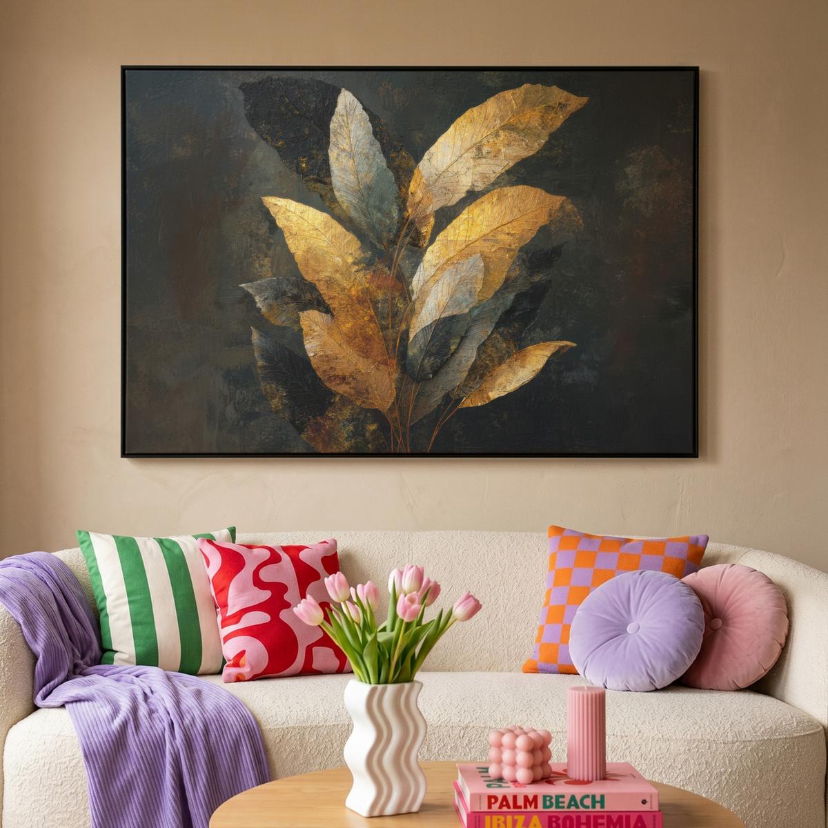LEINWAND Bilder mit Rahmen - Golden Leaf Komposition - Botanical Luxury - 140x90 - Goldfarben, Textil (140/90cm) - MuchoWow