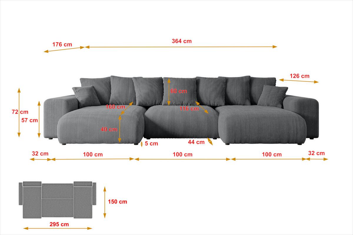 WOHNLANDSCHAFT mit Schlaffunktion ESKAR-U -364x176x72cm Grau Cord - Dunkelgrau/Schwarz, Holzwerkstoff/Kunststoff (364/72/176cm) - ALTDECOR