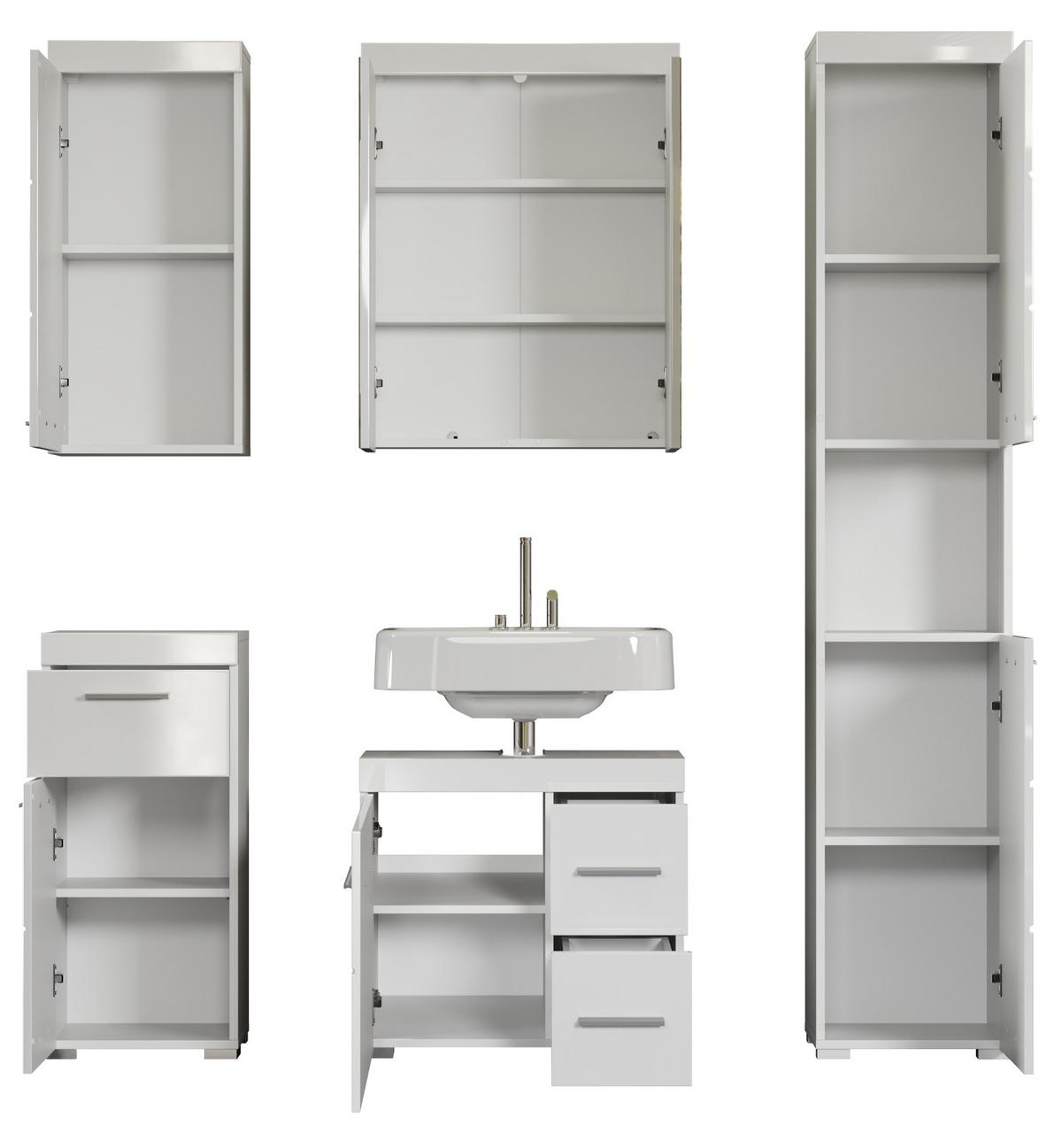 BADMÖBEL-SET weiß Hochglanz 5-teilig 163 x 190 cm, Badezimmer-Schränke mit viel Stauraum - Weiß Hochglanz/Alufarben, Glas/Holzwerkstoff (163/190/34cm) - Top.Furn