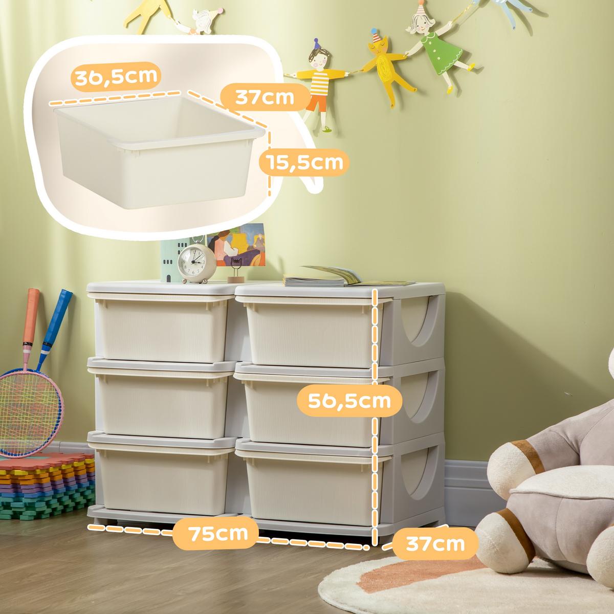 SCHUBLADENSCHRANK für Kinder Aufbewahrungsboxen mit 6 Ebenen Kindermöbel Creme - Creme, Kunststoff (37/56.5/75cm) - HOMCOM