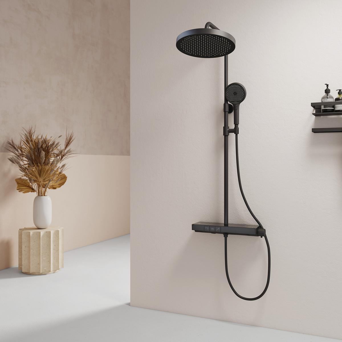 ÜBERKOPFBRAUSESET mit Thermostat Drei Wasserauslassmethoden Schwarz - Schwarz, Metall (13.5/106/44.6cm) - EMKE