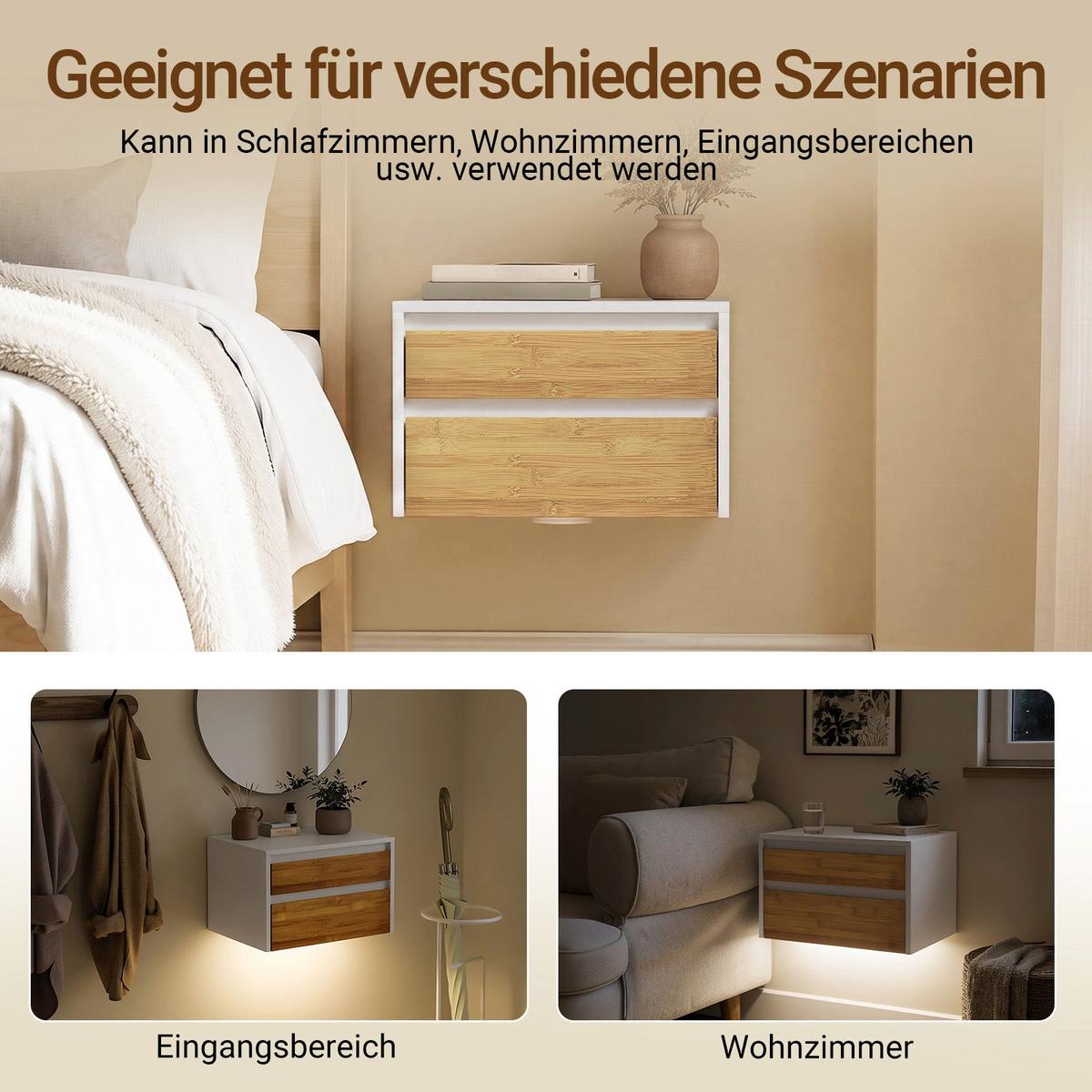 SCHWEBENDER-NACHTTISCH mit 2 Schubladen, Wandregal 40x29,8x25,6cm - Weiß/Naturfarben, Holzwerkstoff (40/26/30cm) - SoBuy
