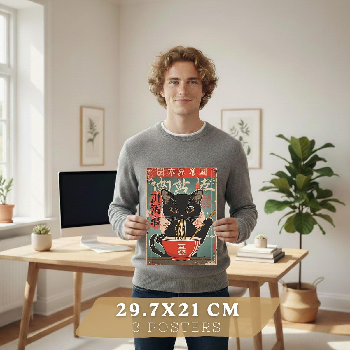 POSTER 3er Set Japanische Ramen Tier-Wandbilder Katze Waschbär und Hase Nudeln Küche Wanddeko Rahmenlos A4 - Beige, Papier (29.7/1/21cm) - Nacnic