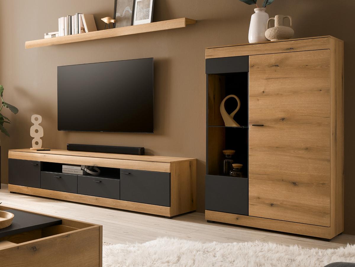 WOHNWAND Eiche, grau 300 cm 3-teilig, Schrankwand mit Soft-Close - Kaschmir/Eichefarben, Glas/Holzwerkstoff (300/170/45cm) - Furn.Design