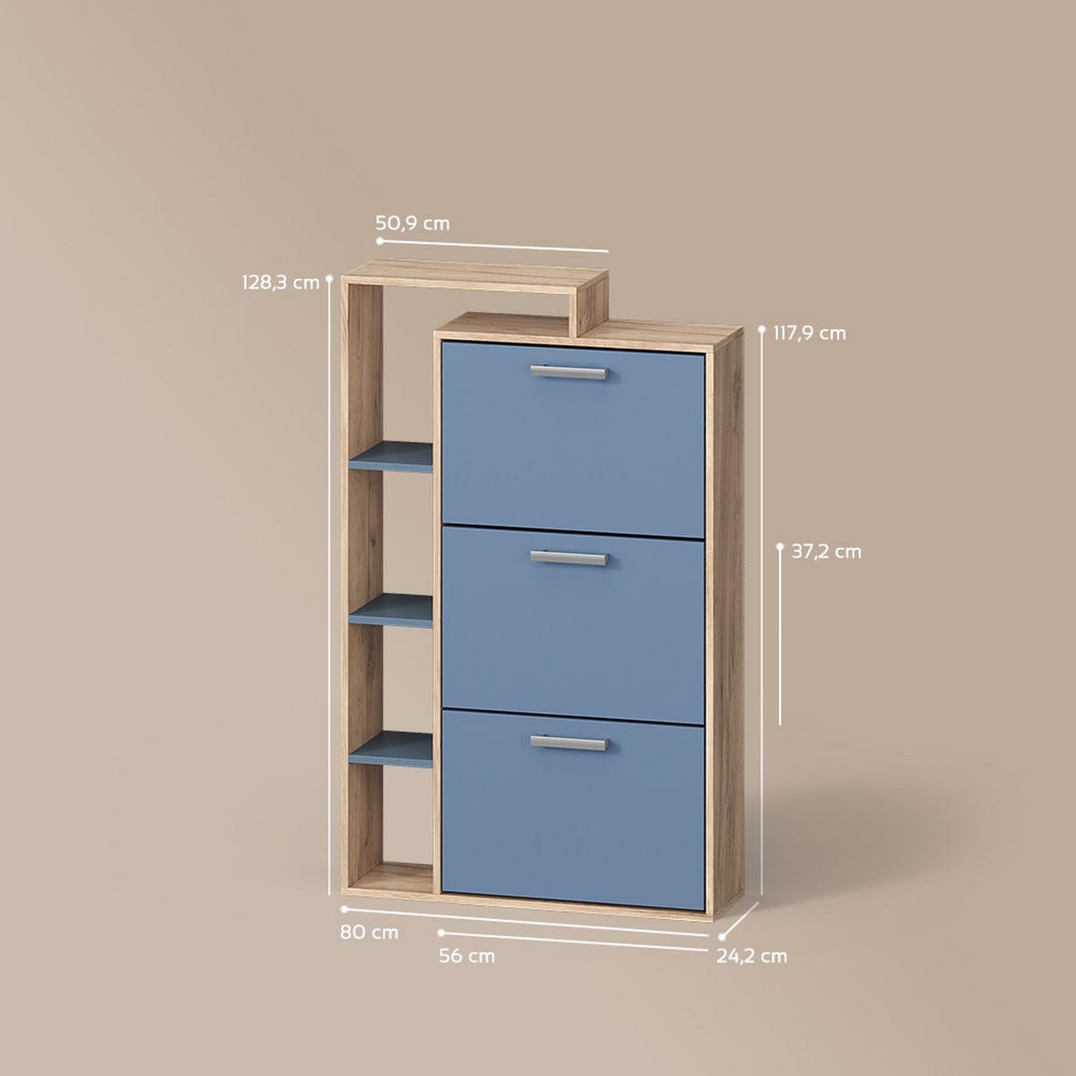 SCHUHKIPPER Ortello Goldkraft Eiche/Blau 80 x 128.3 cm mit 3 Fächern - Honigeiche/Dunkelblau, Holzwerkstoff (80/128.3/24.2cm) - Livinity®