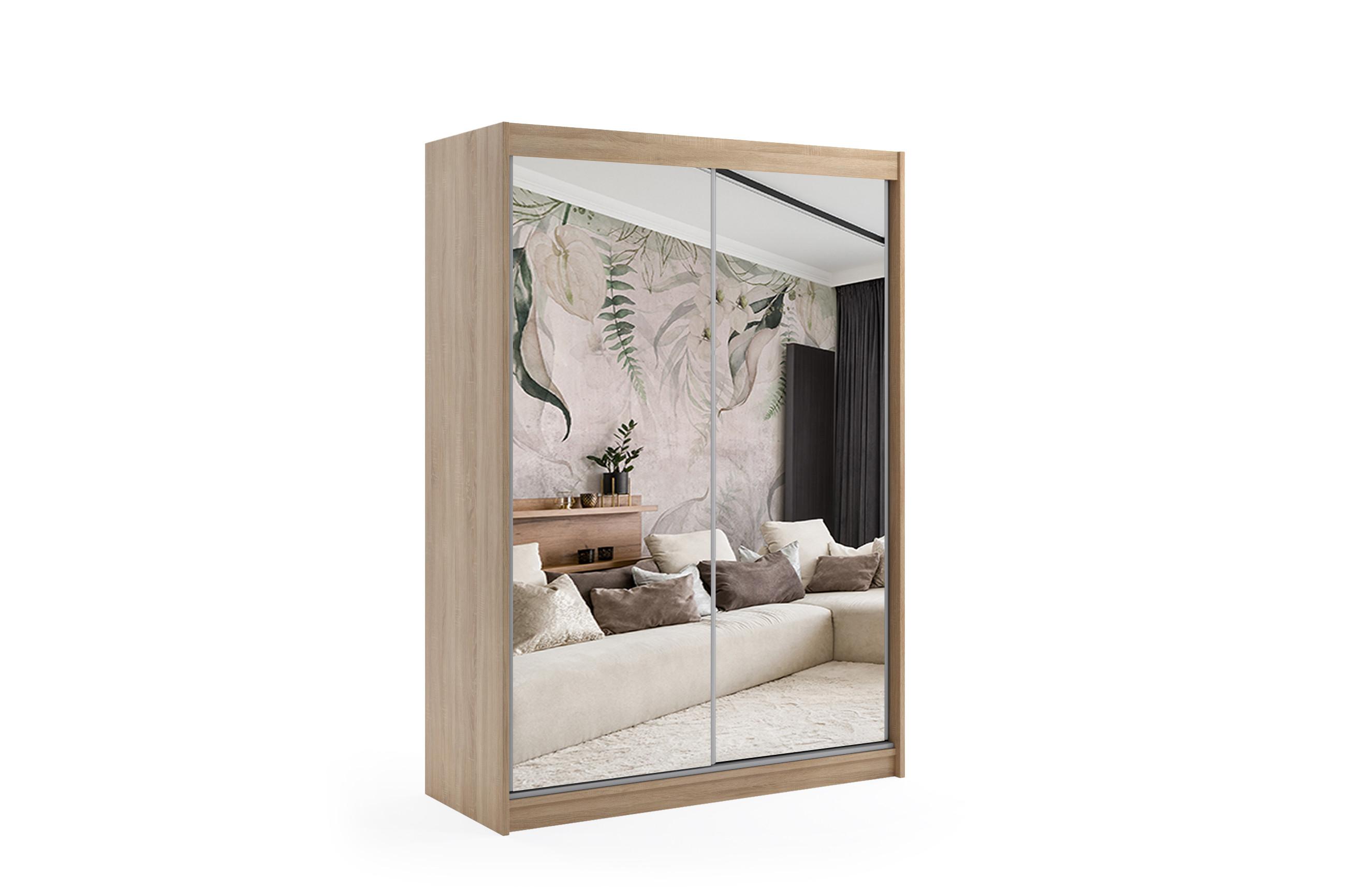 KLEIDERSCHRANK mit Spiegel-Schiebetüren und Aluminium-Leisten, LED-Beleuchtung - DEBI - 120 cm Sonoma - Sonoma Eiche, Holzwerkstoff (120/216/61cm) - ALTDECOR