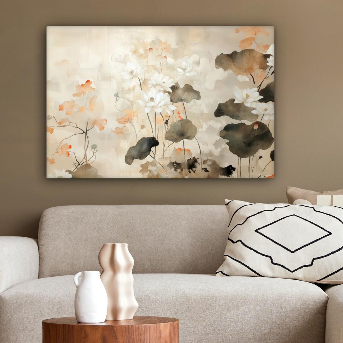 LEINWANDBILD Blumen - Japandi - Wabi sabi Wanddeko 90x60 cm - Sandfarben, Textil (90/60cm) - MuchoWow