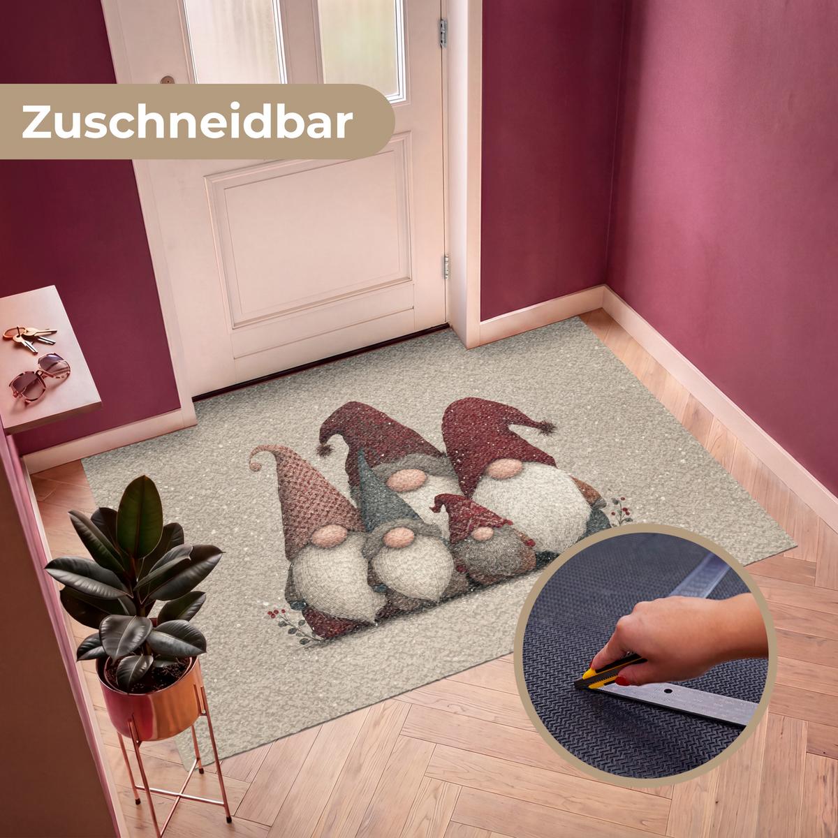 FUSSMATTE Wichtel - Weihnachten - Schnee - Zipfelmützen Türmatte 180x120 cm - Beige, Kunststoff (180/0.4cm) - MuchoWow