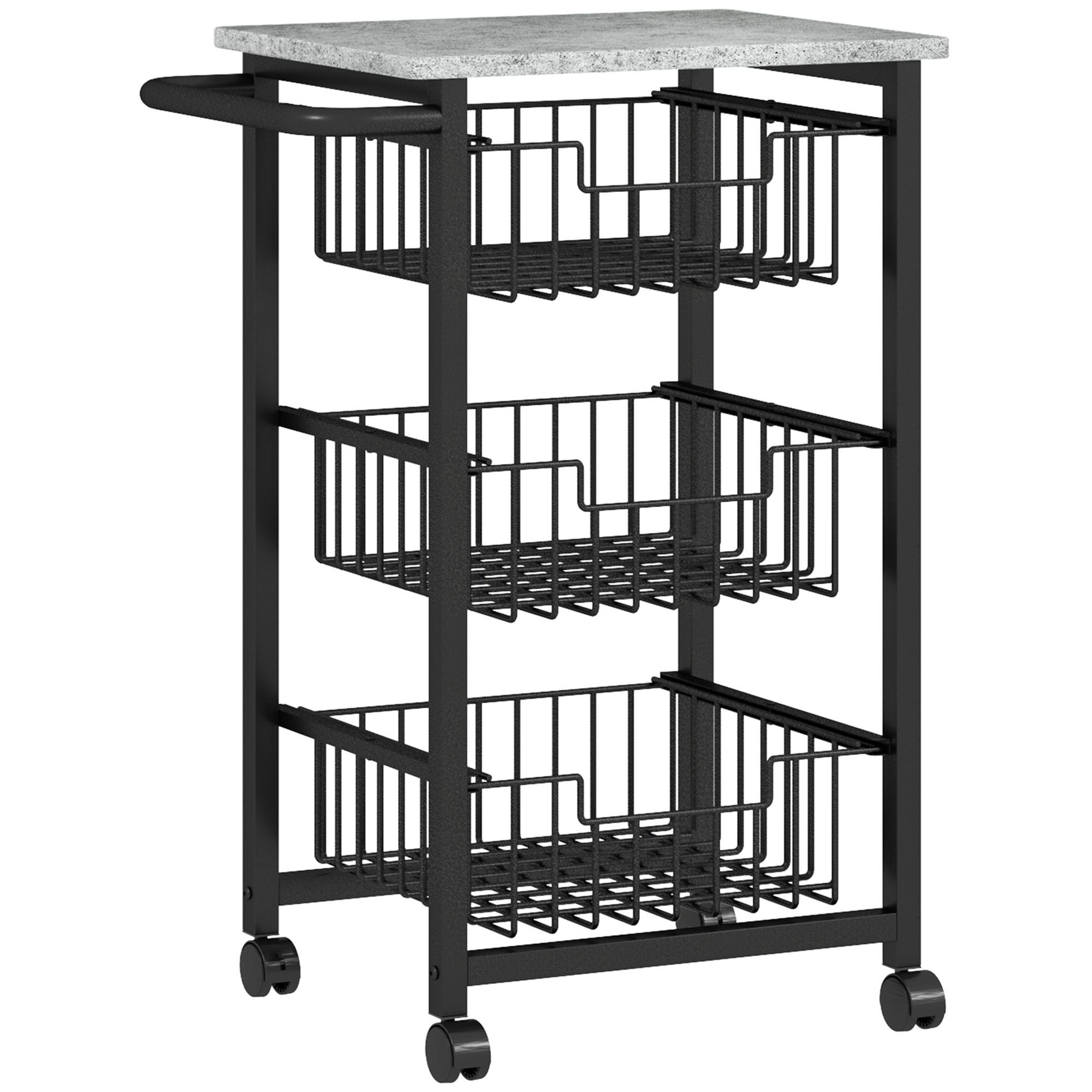 KÜCHENWAGEN Servierwagen mit Arbeitsplatte, 3 ausziehbaren Stahlkörben, Grau - Hellgrau/Schwarz, Metall (31/69/49.5cm) - HOMCOM