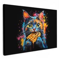 LEINWANDBILD Katze - Graffiti - Bunt - Waffel - Essen Deko Schlafzimmer 30x20 cm - Türkis, Textil (30/20cm) - MuchoWow