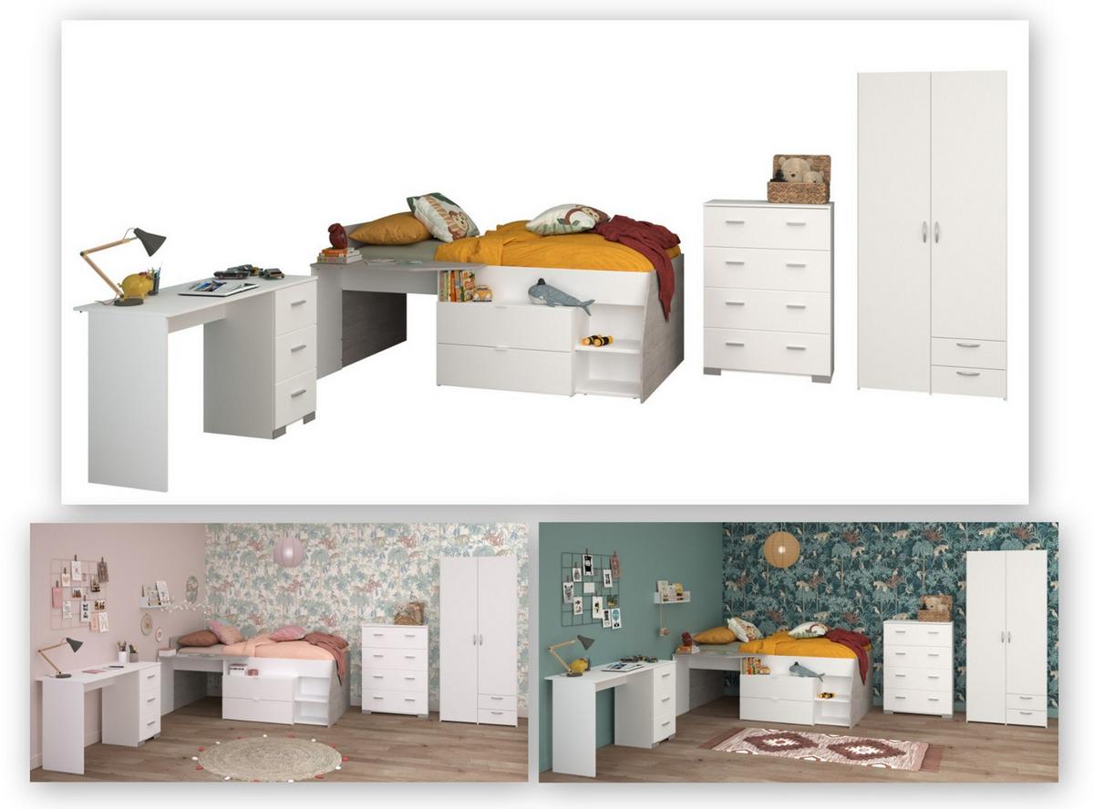 KINDERZIMMER weiß, grau, Komplett-Set 4-teilig mit viel Stauraum - Silberfarben/Weiß, Holzwerkstoff/Kunststoff (135/185/203cm) - Parisot Meuble