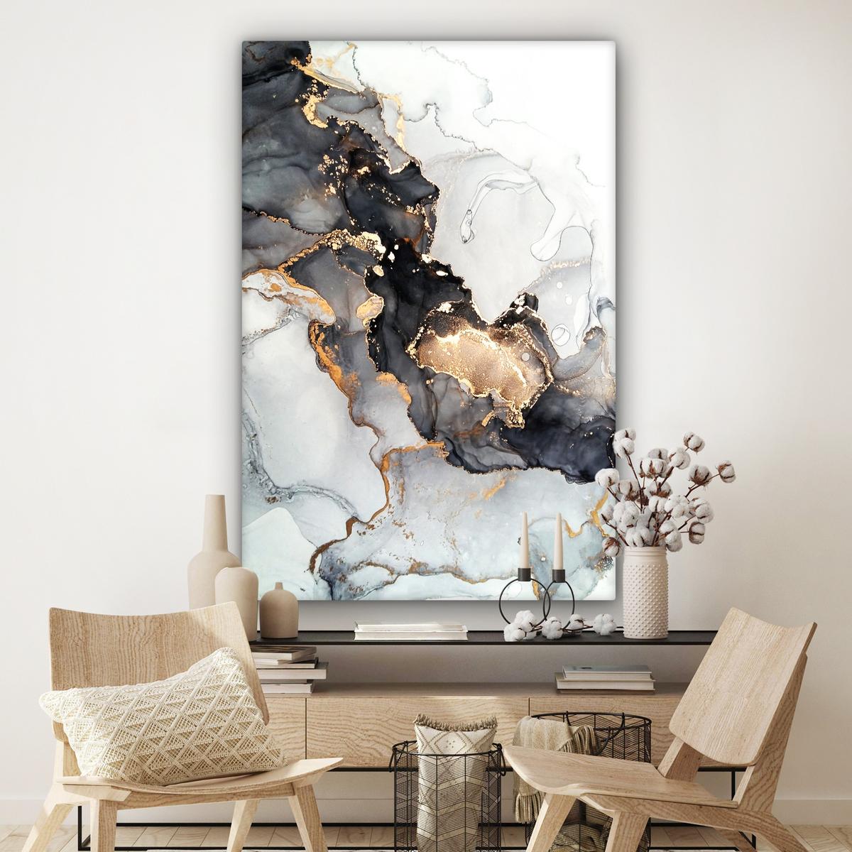 LEINWANDBILD Marmor - Schwarz - Weiß - Gold - Luxus - Abstrakt Deko Groß 90x140 cm - Goldfarben, Textil (90/140cm) - MuchoWow