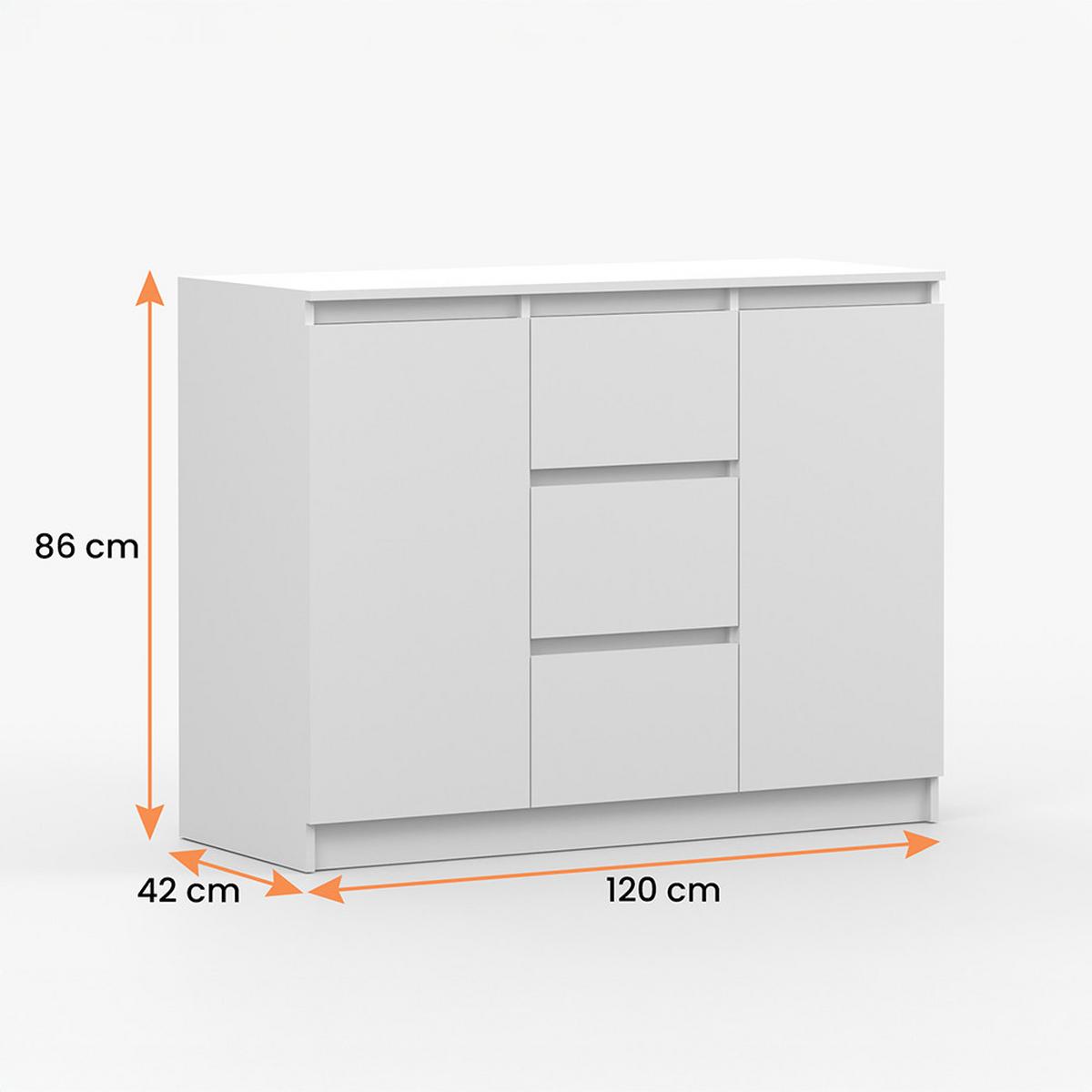 KOMMODE SOLO 2D3S, Schlafzimmer, Sideboard Anrichte 120 cm Weiß/Weiß, 2-türig, drei Schubladen, grifflos - Weiß, Holzwerkstoff (120/86/42cm) - imoebel24