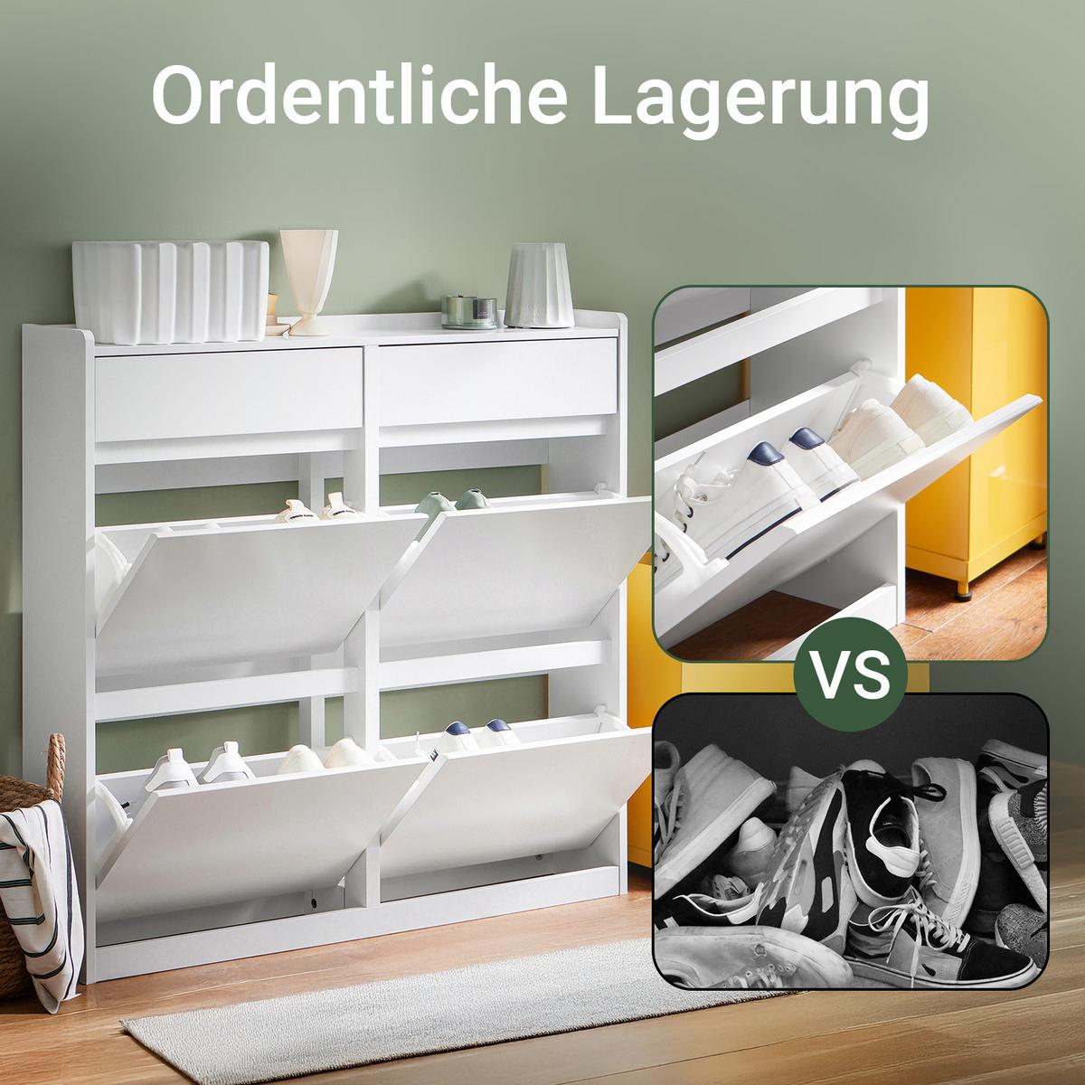 SCHUHKIPPER mit 4 Klappen, Schuhschrank schmal, 98x95x19cm Weiß - Weiß, Holz (98/95/19cm) - SoBuy