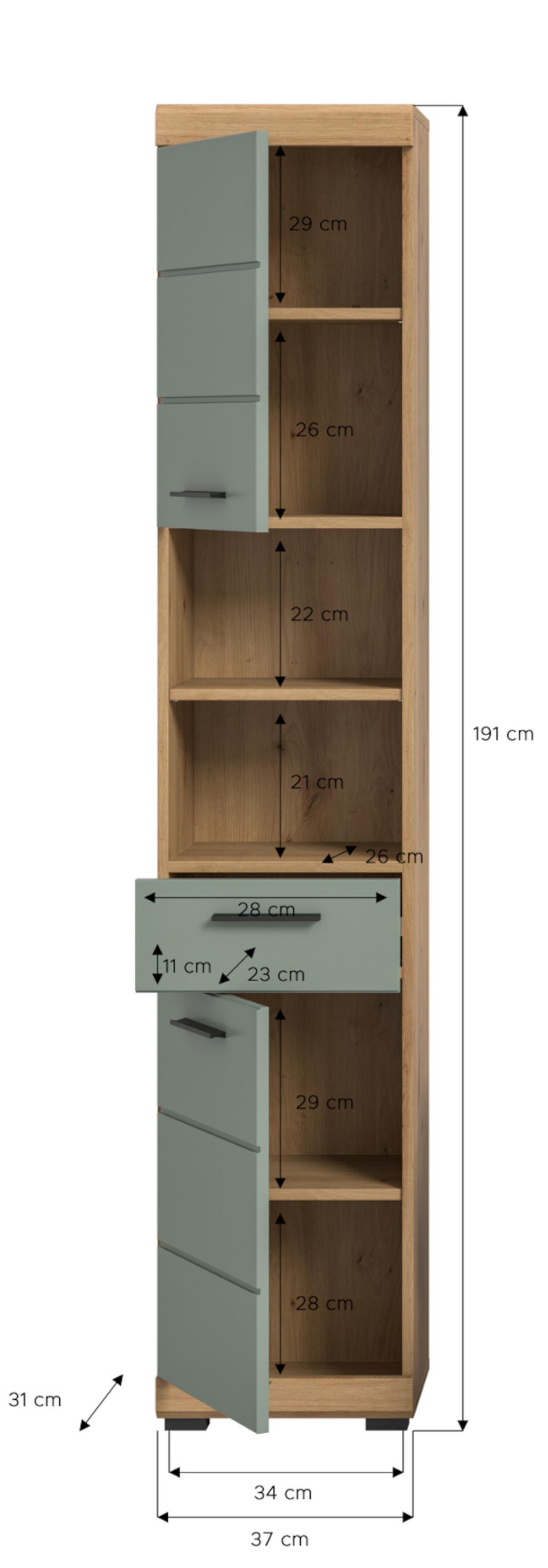 HOCHSCHRANK Salbei grün, Eiche Artisan 37 cm, Badschrank mit 6 Fächern - Salbeigrün/Schwarz, Holzwerkstoff/Kunststoff (37/191/31cm) - Inn.Furn