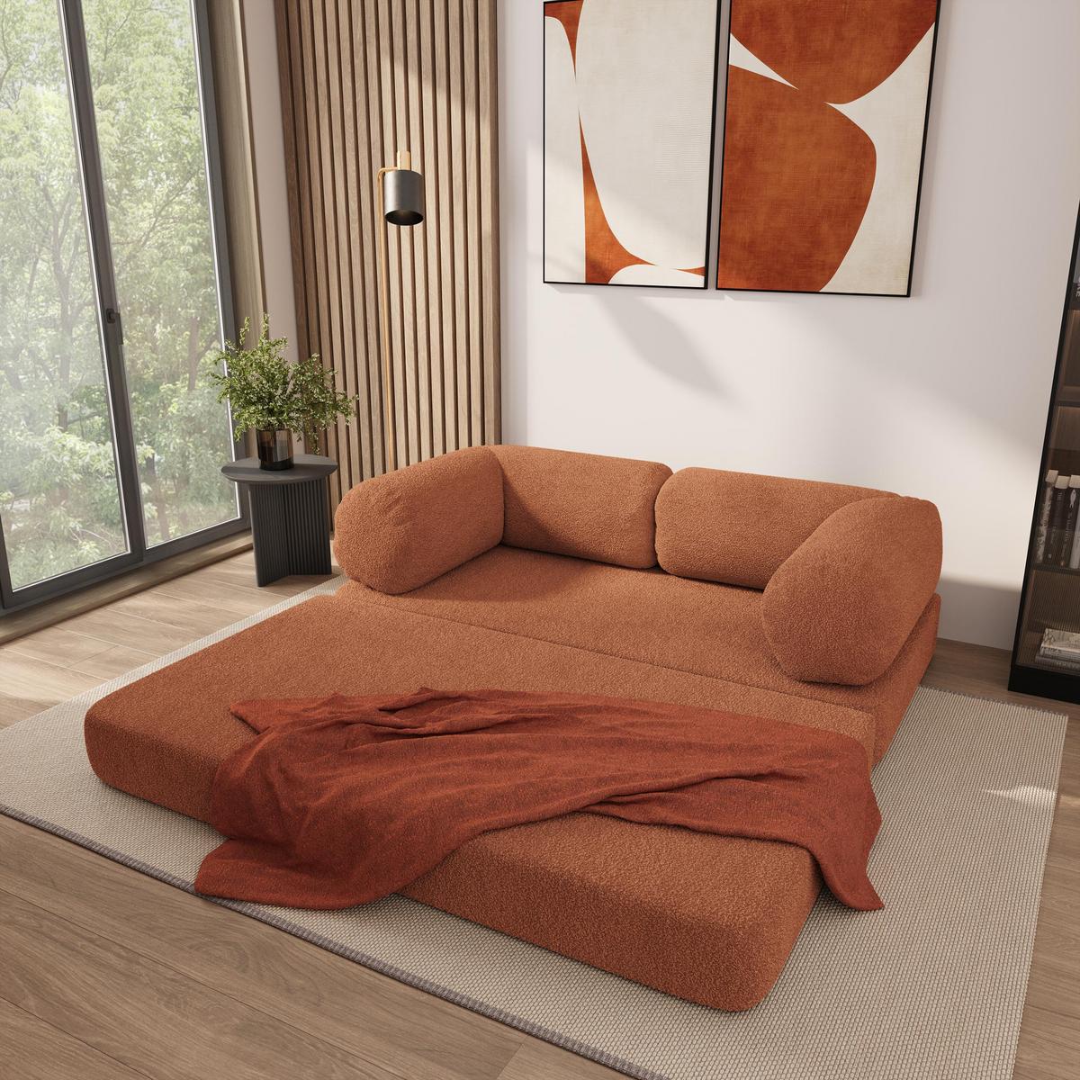 BETTSOFA EIREN aus Schaumstoff Bucle-Stoff Orange Schlaffunktion - Orange, Textil (170/68/80cm) - MASSENO